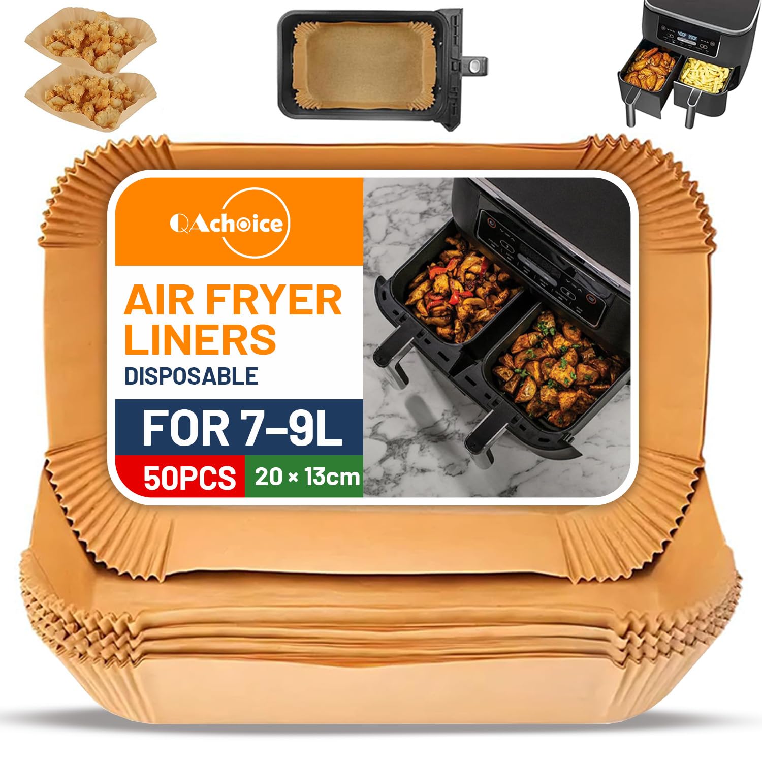 QAchoice 50pcs Air Fryer Liners for Ninja Dual, AF400UK Af300UK Accessories. Disposable 22 x 13cm Rectangular Parchment Compatible with Salter,Ninja,Tower and Other Dual Zone Air Fryers