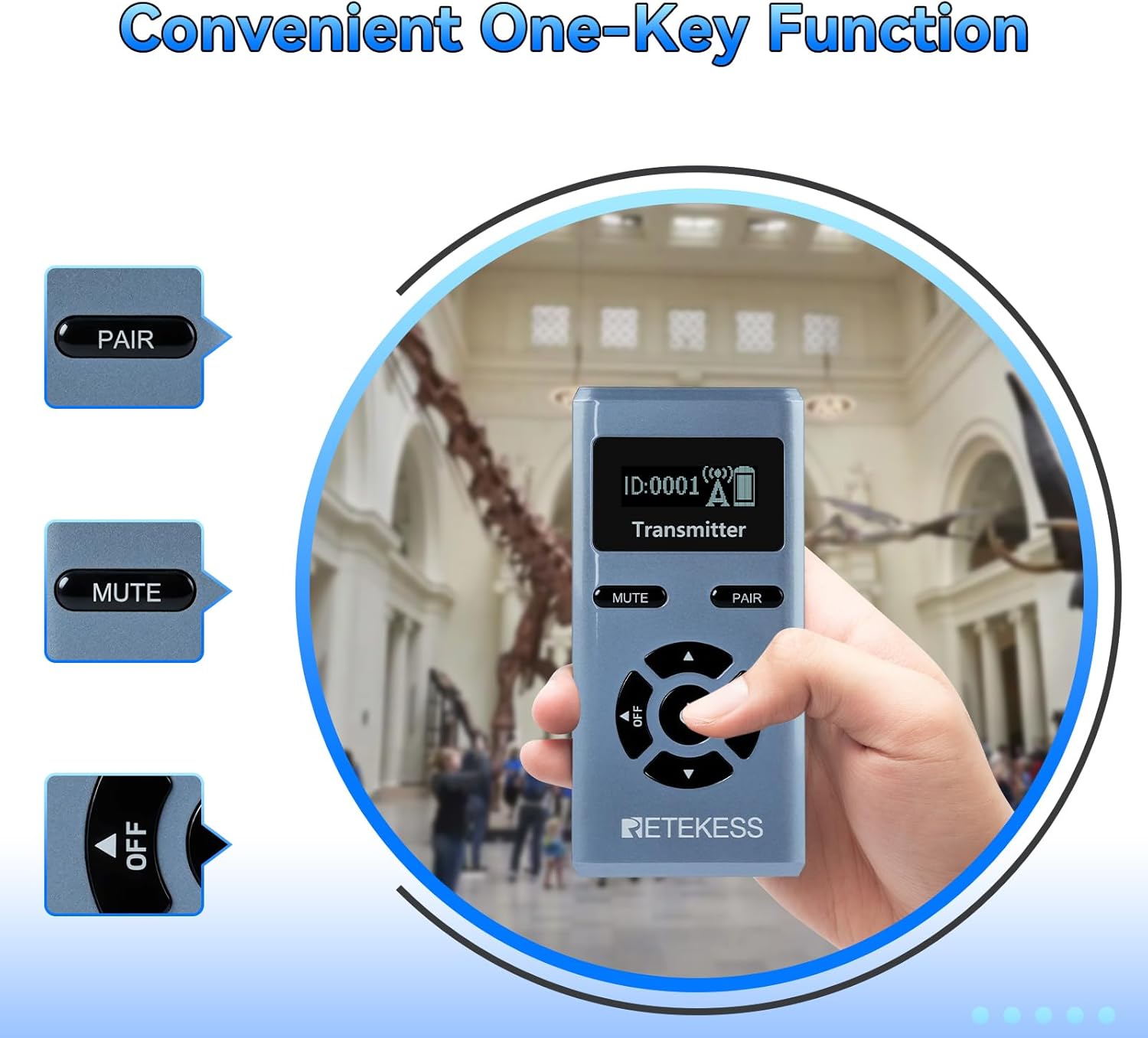 Retekess TT106S Tour Guide Transmitter, Earhook Tour Guide System with Lavalier Microphone, 9999 Channel, AUX Audio Input, Whisper System for Factory, Interpretation, Training, Court (1 Transmitter)