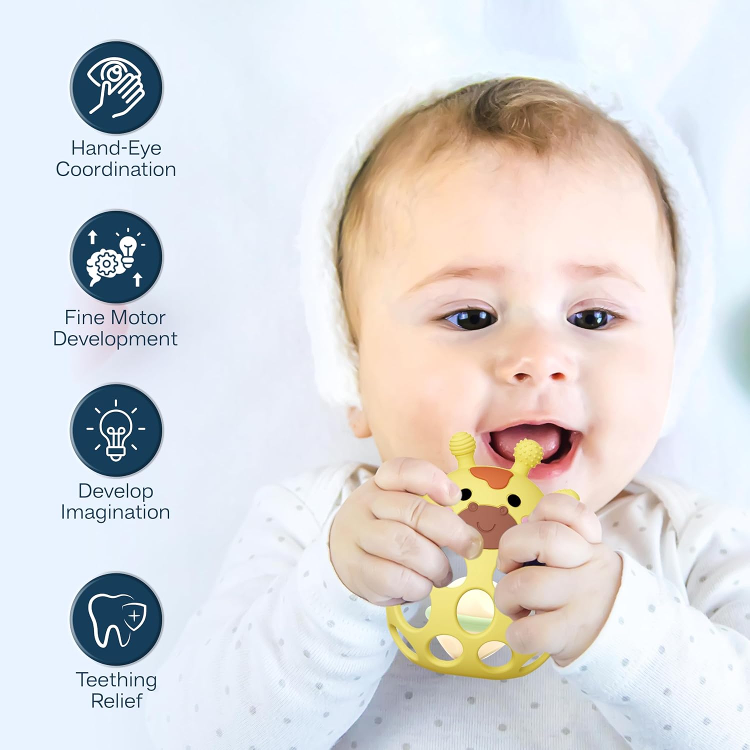 Giraffe Baby Teether with Toy Strap | 3 in 1 Teething Toy, Baby Rattle & Sensory Toy | Food Grade Silicone BPA Free | Baby Toys 0-6 Months | Teething Toys 3-6 Months | Infant Teether 6-12 Months