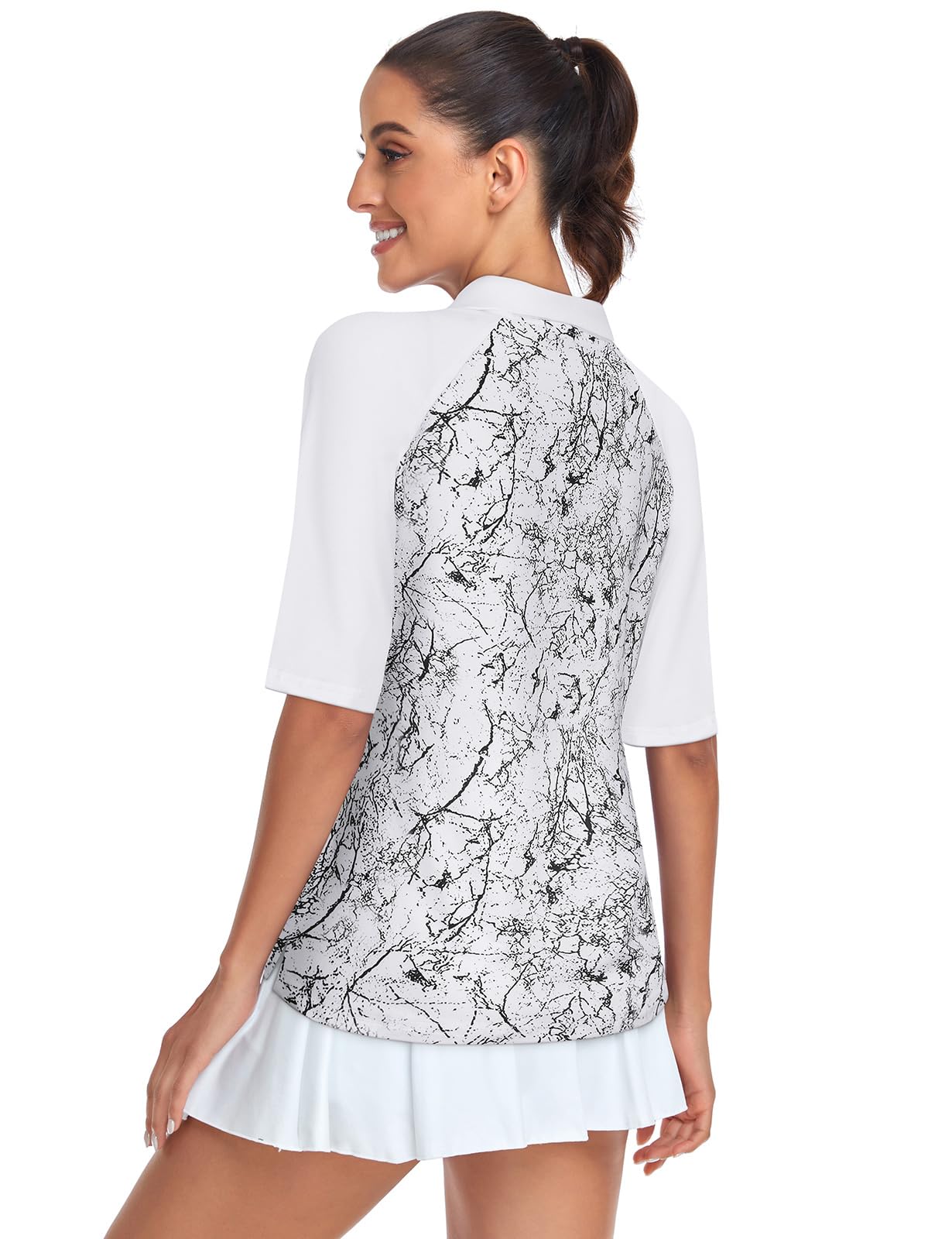 Golf Shirts Women,Cucuchy Loose Fit Activewear Polos Elbow Half Sleeve 1/4 Zip Up Golf Tops Quick Dry Lightweight Moisture Wicking Sun Protection Sports Clothing Marble White XL