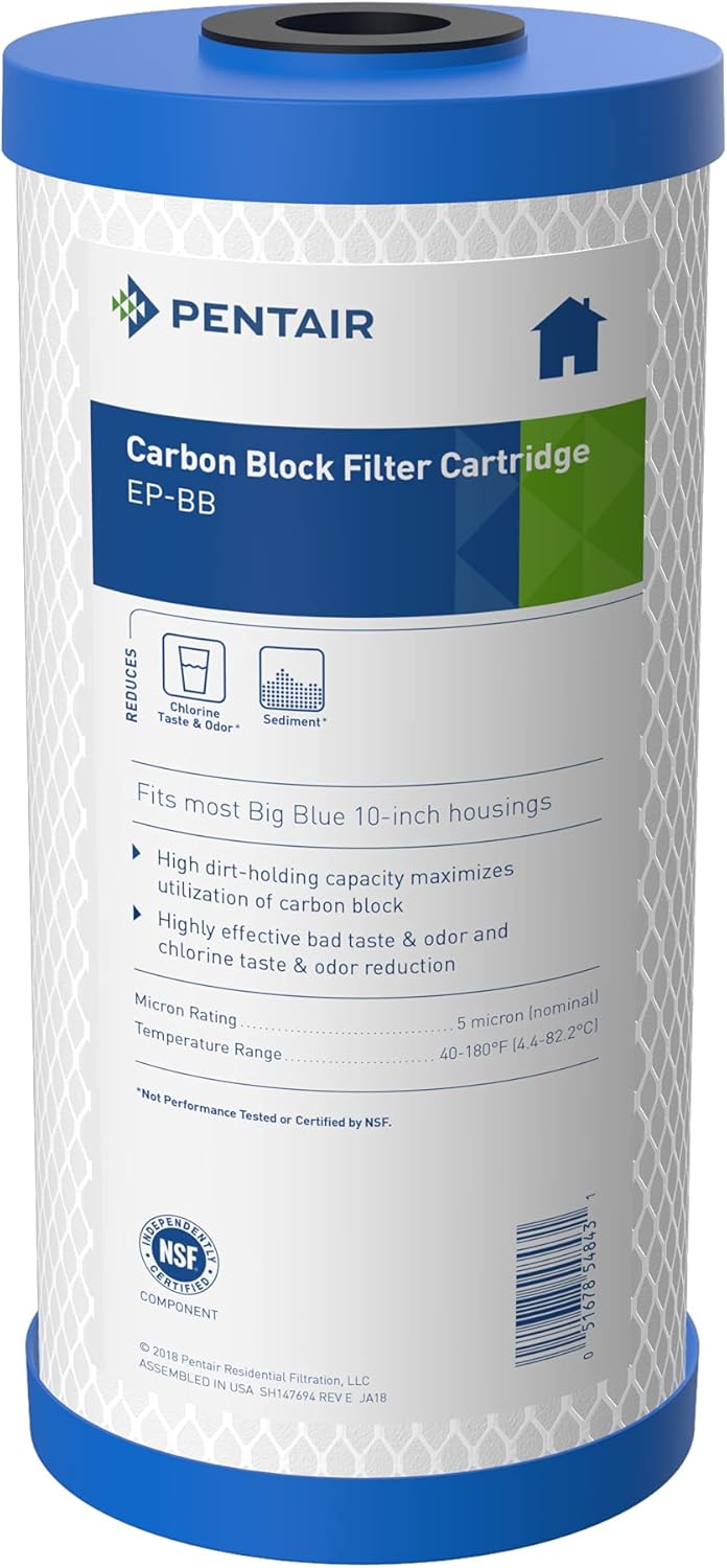 Pentair Pentek EP-BB Big Blue Carbon Water Filter, 10-Inch, Whole House Carbon Block Replacement Cartridge with Bonded Powdered Activated Carbon (PAC) Filter, 10" x 4.5", 5 Micron 10" x 4.5" Filter Pack of 1