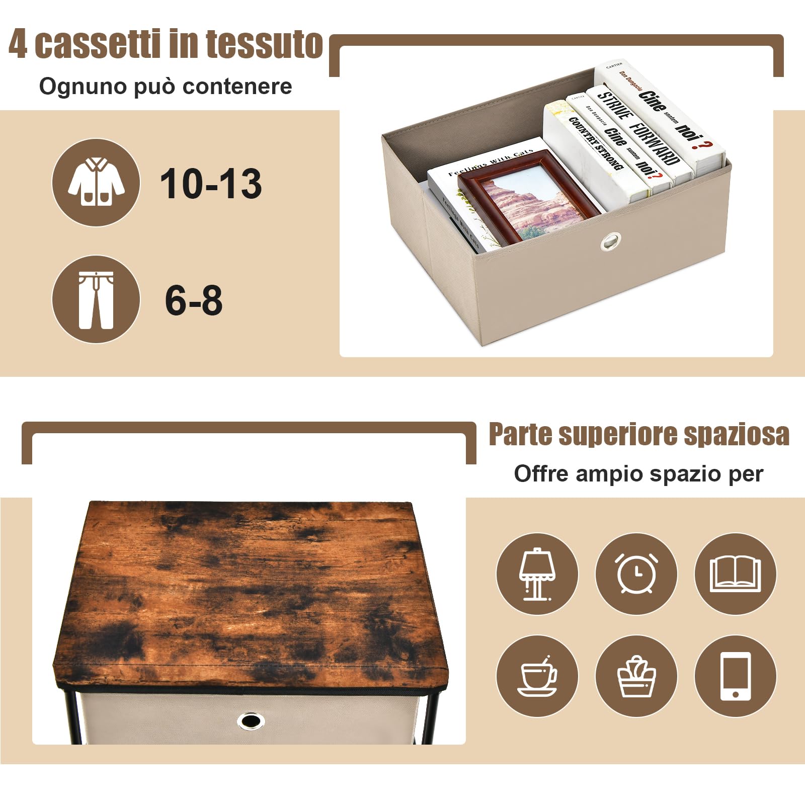 GYMAX Comò Portaoggetti, Mobile Cassettiere in Tessuto, Struttura Metallica Robusta, con Cassetti Rimovibili e Pieghevoli (Caffè, 42 x 33,5 x 84,5 cm)