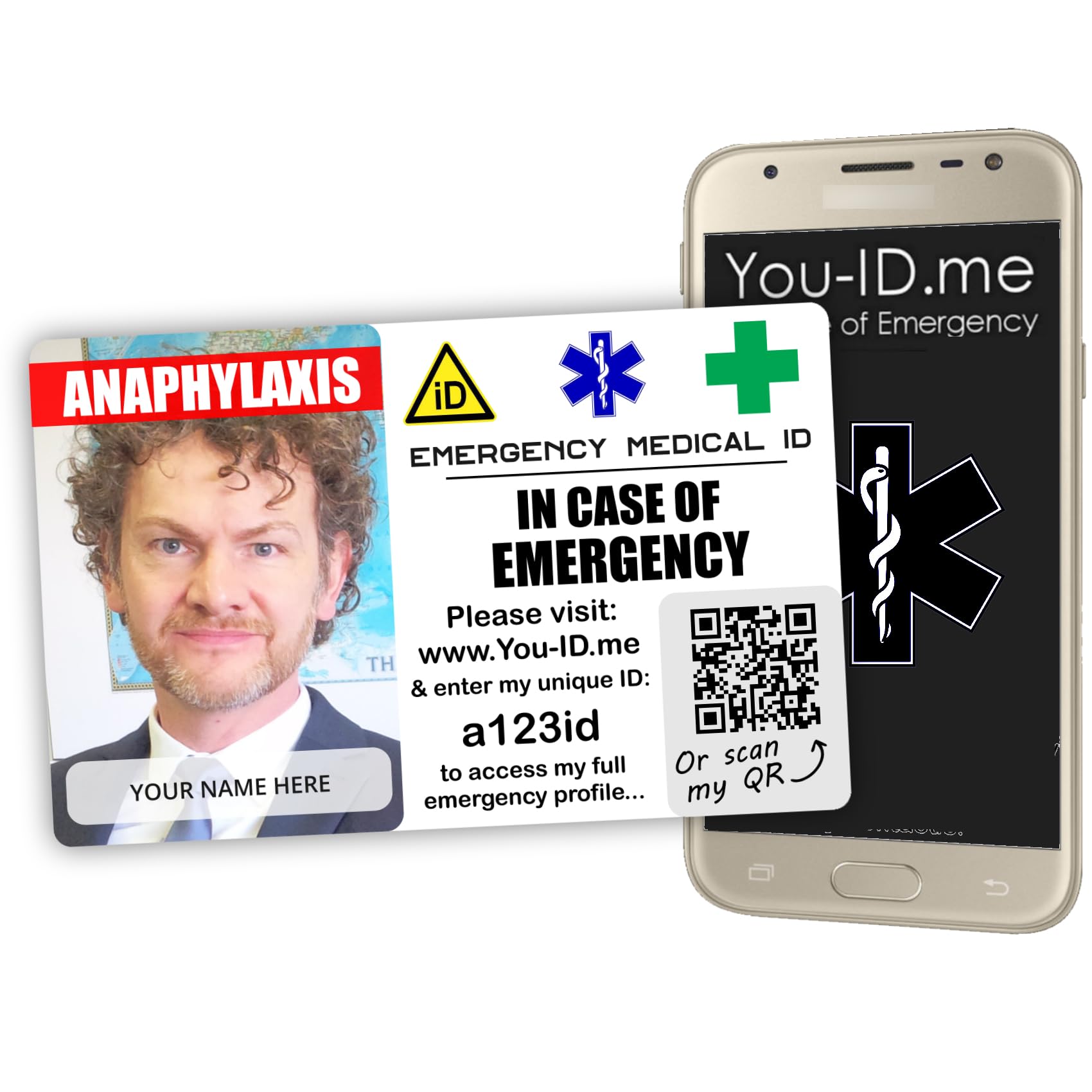 Anaphylaxis Medical Card. Large Custom Photo. Custom Printed Personalised. Vital ID, Contact and Medical Information. QR Code for Phone Access. Alerts Your Contacts