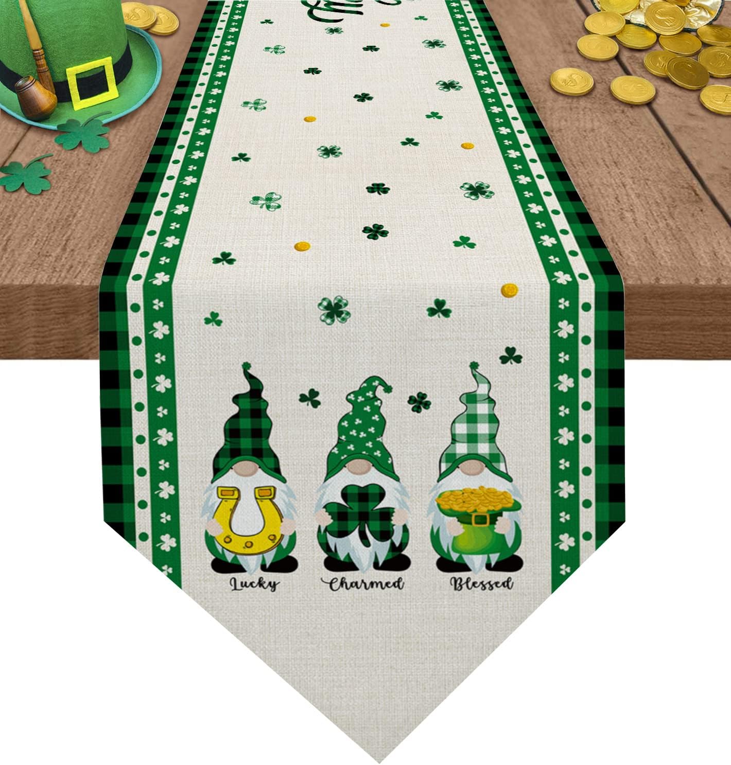 St. Patrick's Day Gnome Table Runner Green Shamrock Lucky Clover Dresser Scarves Green Plaid Table Runners Buffalo Check Decorative Runners for St.Patrick's Day, Spring Parties, 18x72 inch