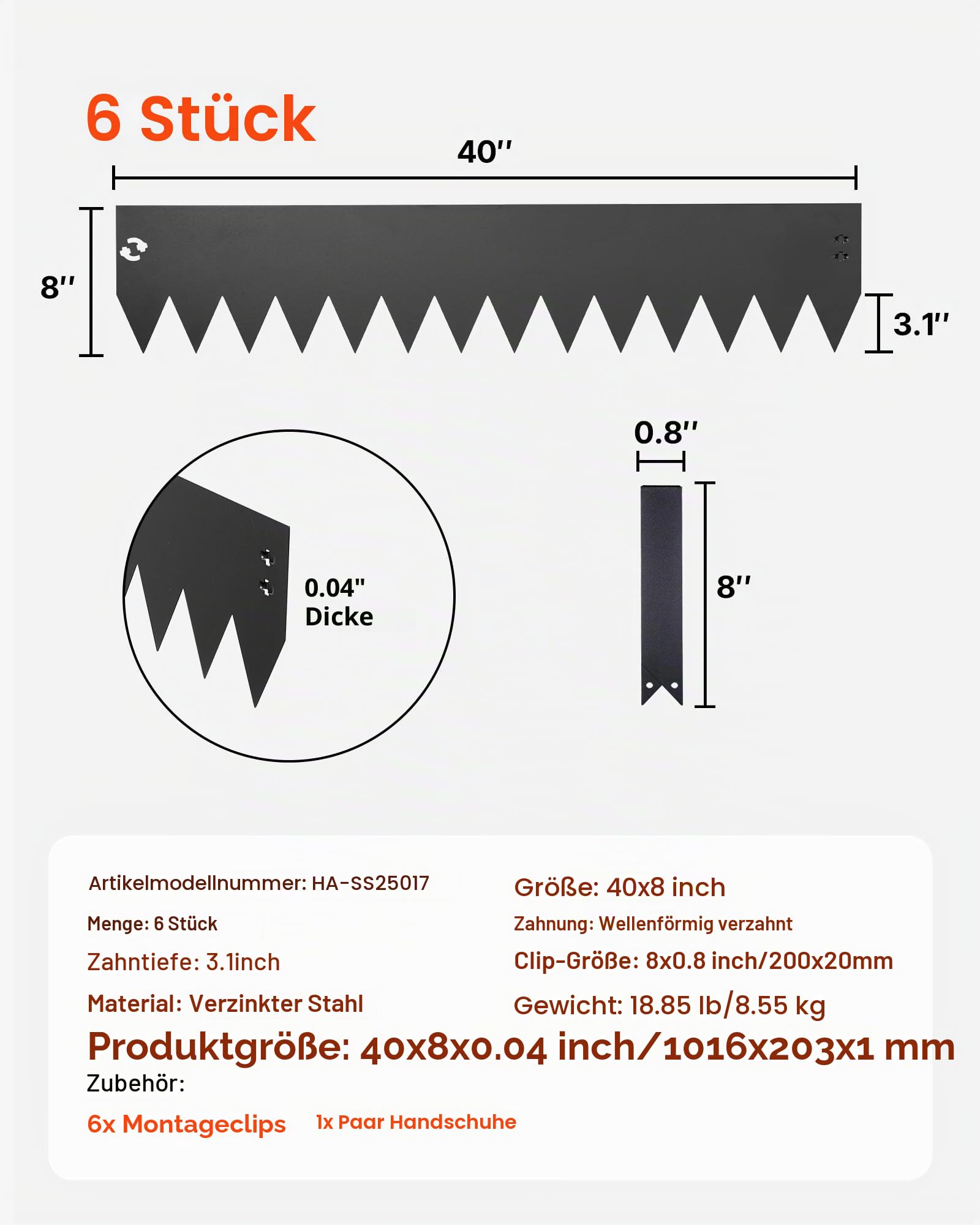 VEVOR Rasenkante 6er-Pack 1016x203 mm, Beeteinfassung mit 6 Befestigungsclips, Biegsame Rasenbleche aus Verzinktem Stahl, Mähkante, Palisade Beetumrandung für Blumenbeete & Gartenwege, Schwarz