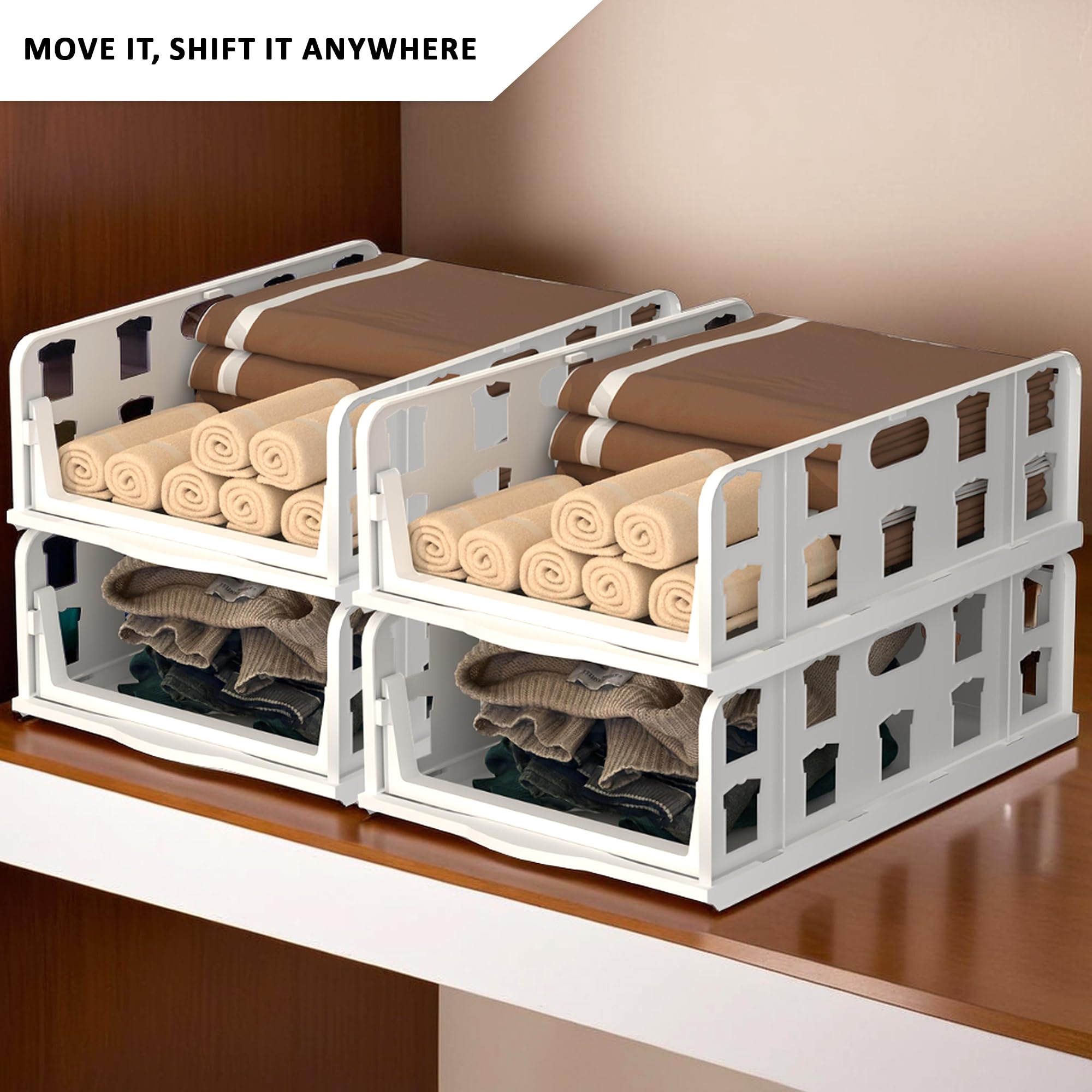 RUBOXA 4 Pcs Set Foldable Tshirt & Jeans Dress Storage Organizer | Slide Out Clothes Wardrobe Organizer | Cloth Organiser for Almirah, Cupboard & Drawer Box Closet | White 4