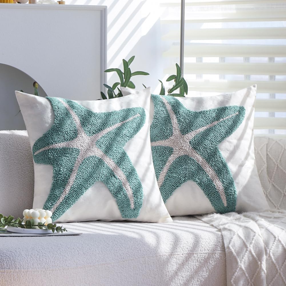 Tufted Starfish Throw Pillow Cover Set of 2, 18x18 Inch Beachy Coastal Decor Pillows for Couch Bed Sofa, Soft Canvas Decorative Pillow Covers with Ocean Theme Accent, Sea Star Tufting Pillowcases