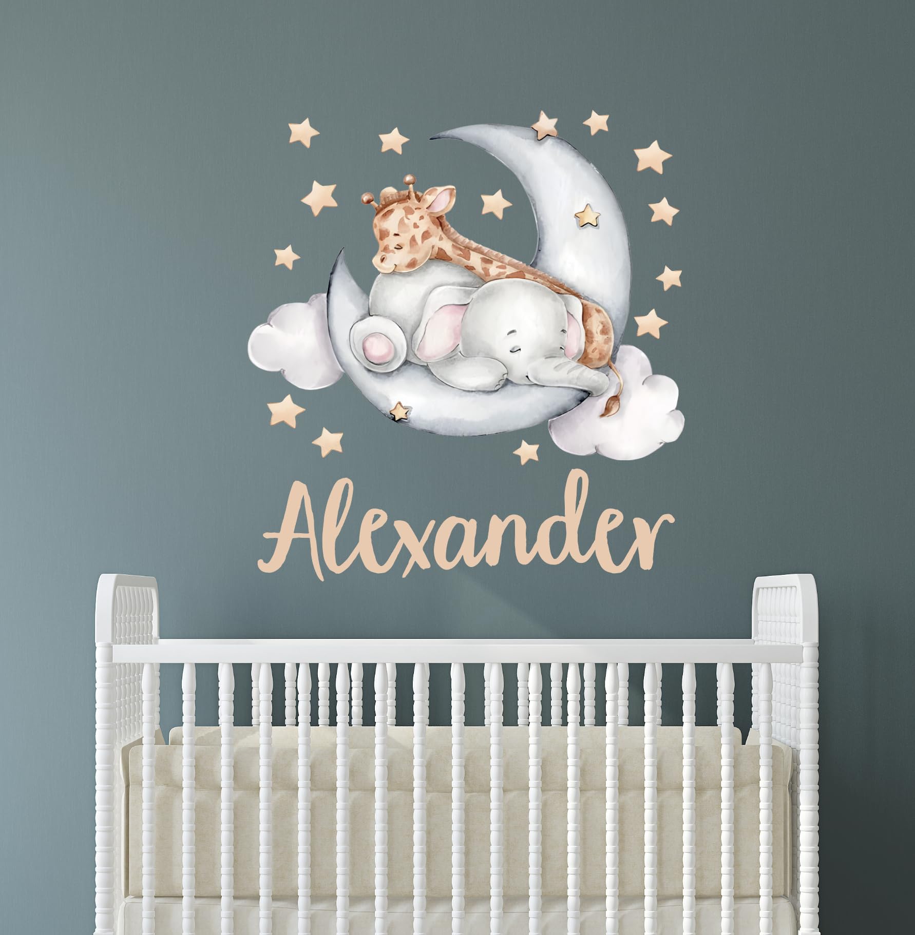 Calcomanía de pared personalizada con nombre de jirafa y elefante para habitación infantil, calcomanías de vinilo con diseño de luna y nombre personalizado