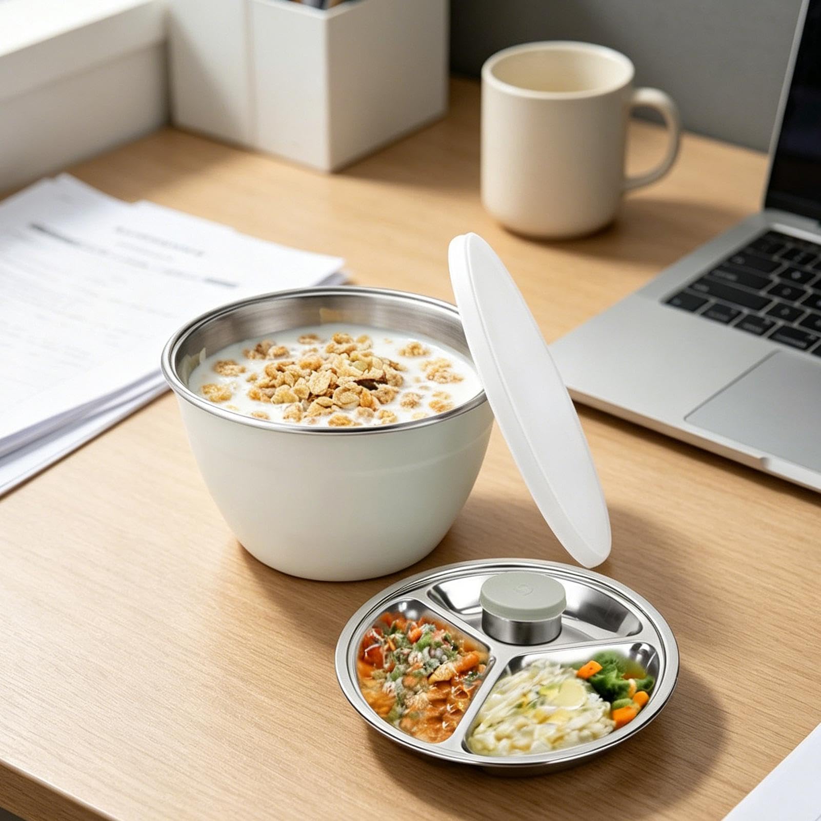 Salatschüssel-Set, Edelstahl-Rührschüssel mit Deckel und abnehmbarem Tablett, für Zuhause, Küche, Esszimmer, Mahlzeitvorbereitung, Picknicks im Freien, Partys, inklusive Kanister