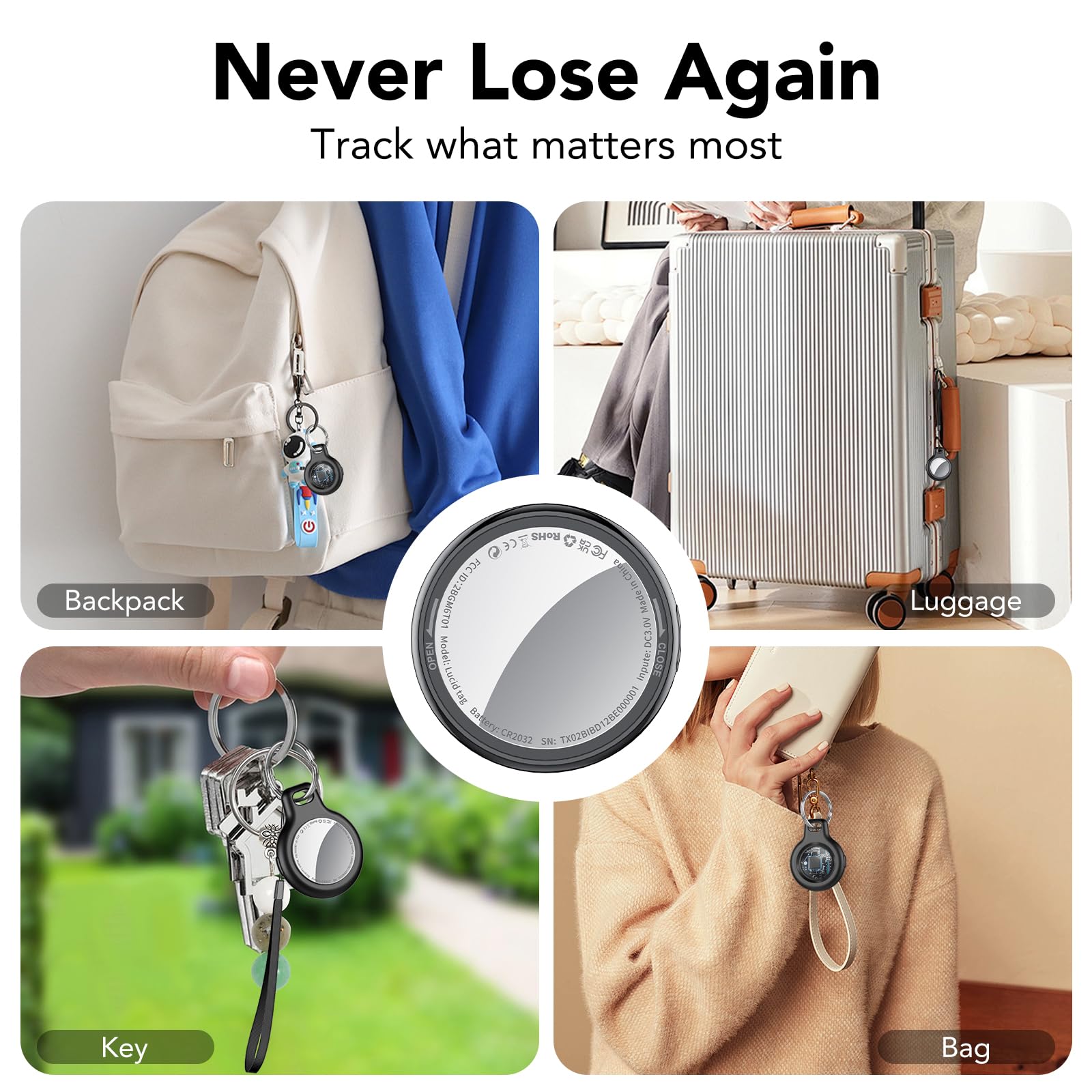 Smart Air Tracker Tags 4 Pack, Bluetooth Localizador de Llaves Funciona con Find My App (Solo iOS), rastreador Bluetooth y localizador de artículos con Sonido, Rastreador de Equipaje, Negro Azabache — view 6