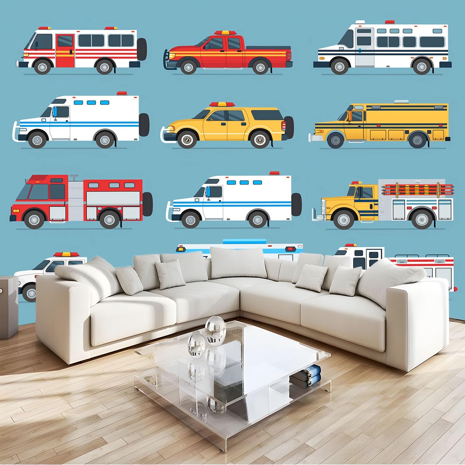 Papier peint intissé 3D voiture de police et camion de pompiers 300x210 cm