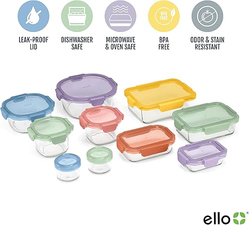 Miniatura 3 de Ello Color Lock - Juego de 20 recipientes de almacenamiento de alimentos de vidrio mixto, a prueba de fugas, con tapas de plástico herméticas sin