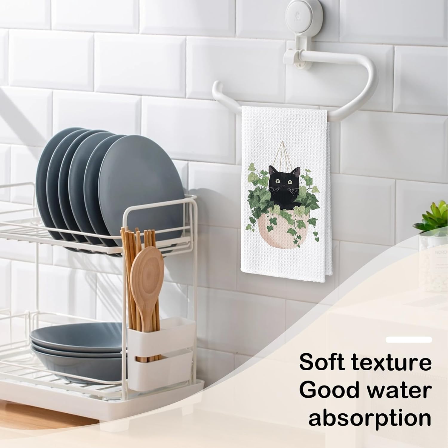 Funny Black Cat Kitchen Towels - Cat Lover Mom Lady Gifts for Women Hand Towel for Bathroom, Cottagecore Farmhouse Botanical Black Kitten Hand Tea Towel for Bathroom Kitchen, 16x24inch - Image 4