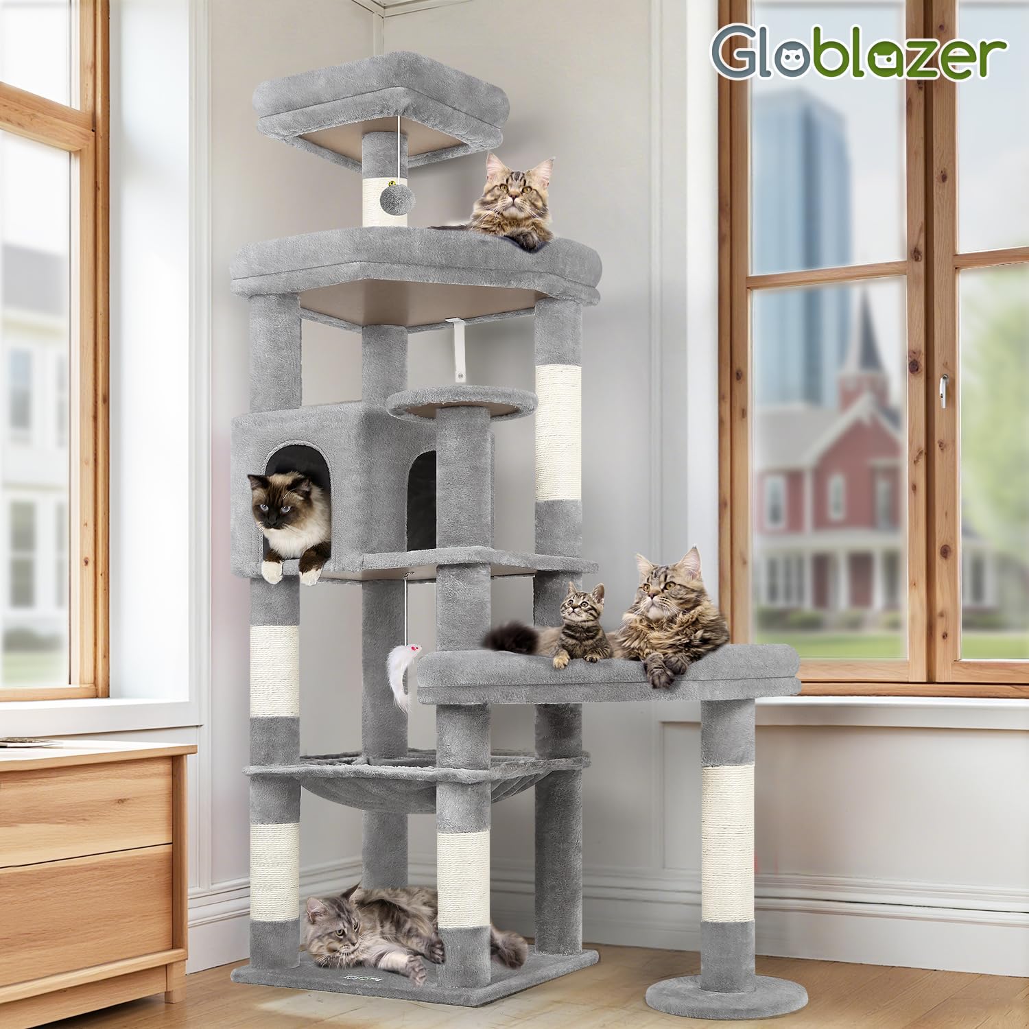 Globlazer Arbre a Chat pour Grand Chats Hauteur 165cm avec 2 Grandes Plateforme Rembourré 48*42CM, Extrlarge Hamac, Niche, Perchoir, Stable Arbre à Chat avec Soutien pour Chats Adult (S65, Gris Clair)