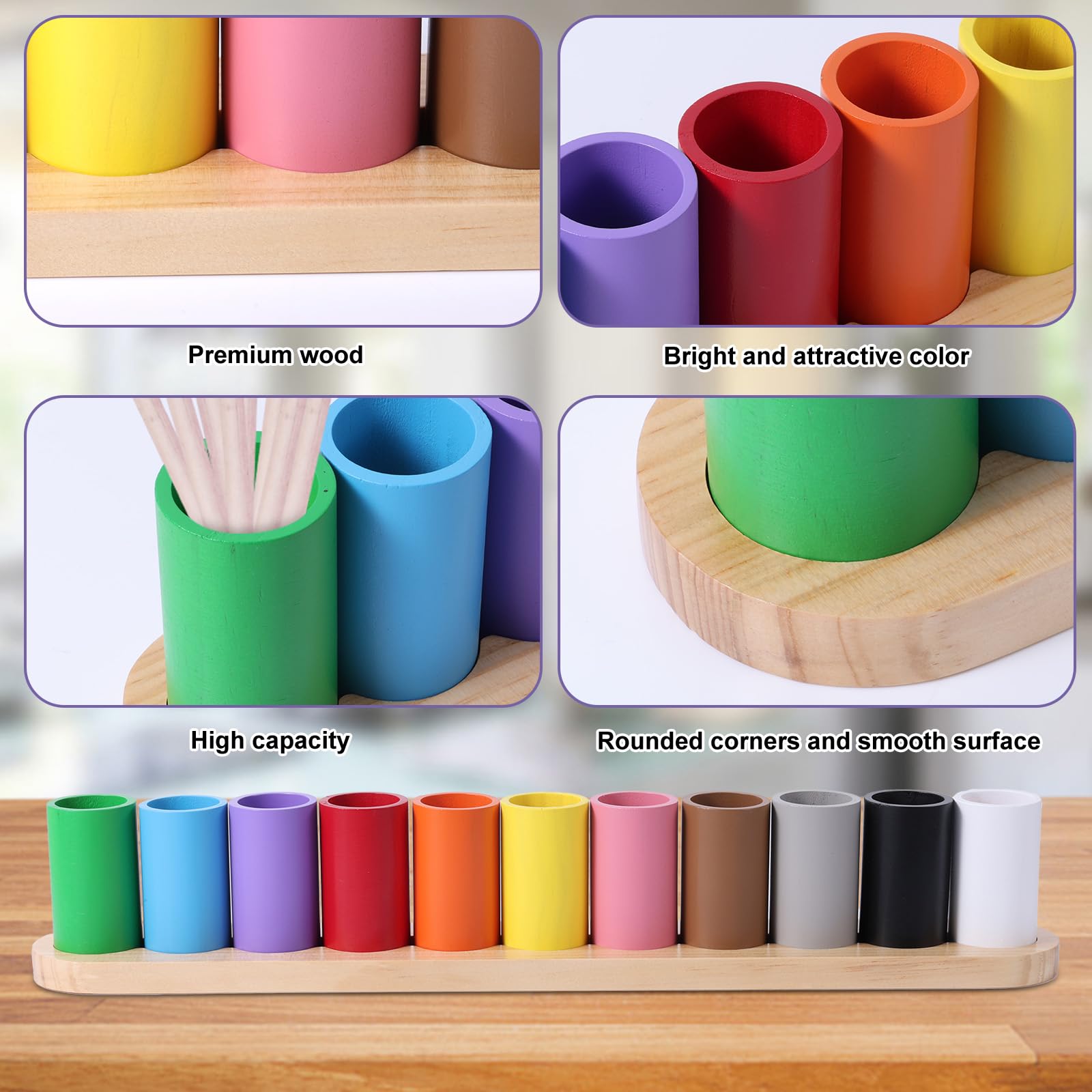 NQEUEPN Porte Crayon De Couleur En Bois, Porte Crayon Montessori Porte-stylo En Bois Montessori Pour Salle De Classe 11 Tasses Sur Un Support, Crayons Non Inclus