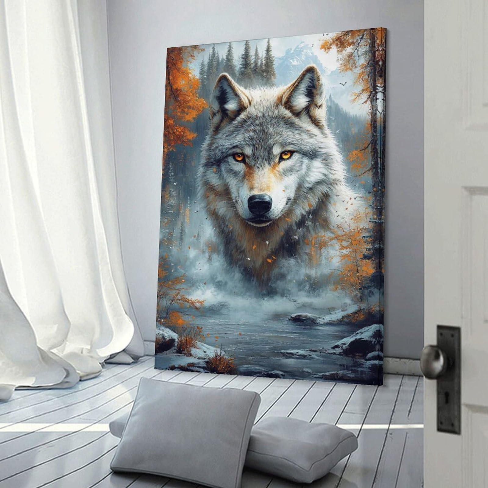 Junmoney Wolf Portrait in Autumn Landscape Wall Decor Canvas Print, 08x12inch(20x30cm), for Wall Displays, Bedrooms Or Room Updates, Wall Decor Suited to Curated Displays