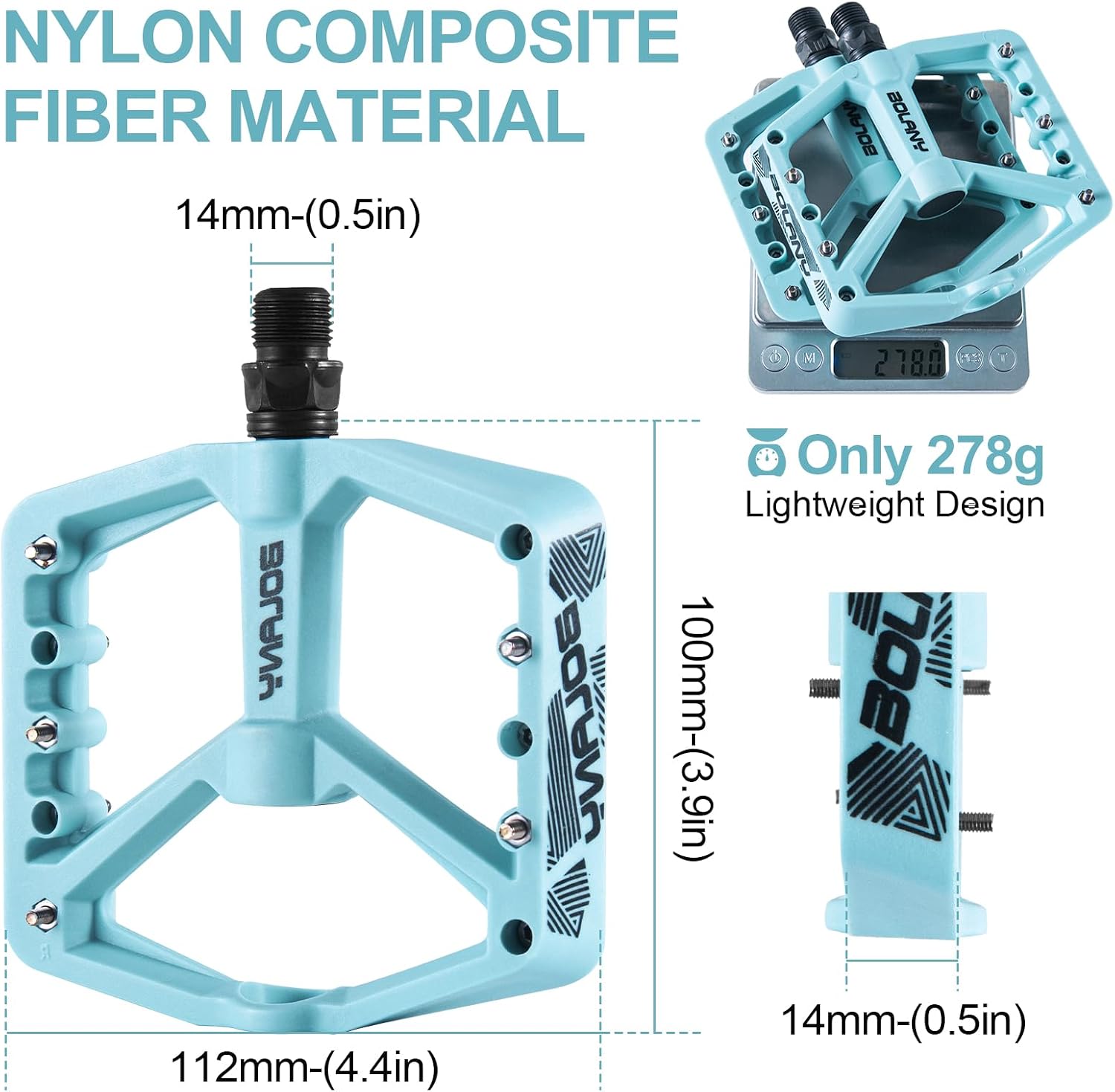 BOLANY Mountain Bike Pedals, Nylon Fiber MTB Pedals Doub Bearing Bicycle Flat Pedals, 9/16" Lightweight Platform for Road Mountain BMX MTB Bike