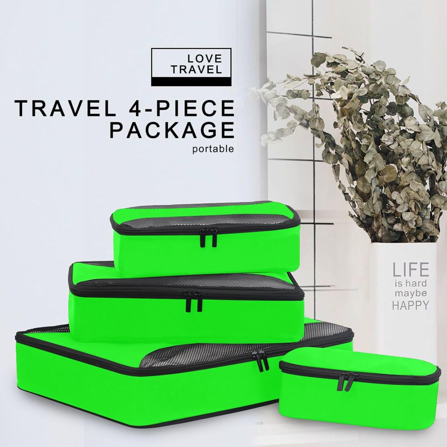 Lime Solid Color Pure Plain Green 4 Pcs set organizer travel case Mesh Travel Essentials lightweight set compression packing cubes