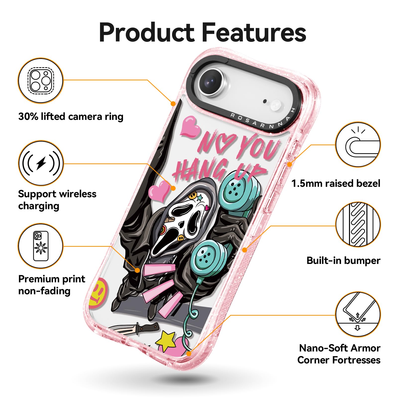 Rosarnnah 17GPR - Bonita funda compatible con iPhone Air, protección contra caídas de grado militar de 20 pies, a prueba de golpes, diseño de esqueleto divertido rosa con purpurina para iPhone Air