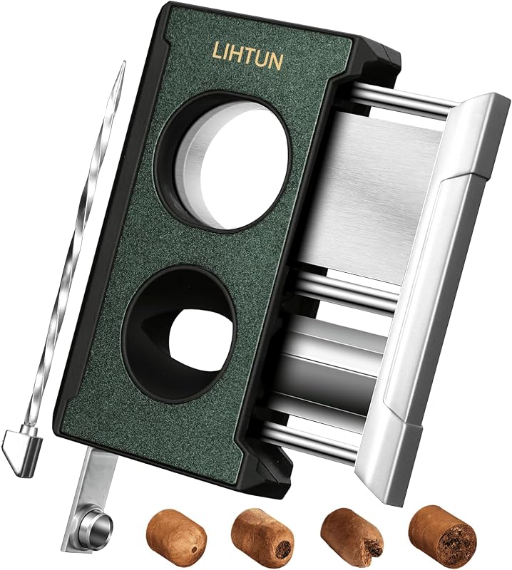 LIHTUN Cigar Cutter Guillotine 4 in 1 One Touch Straight Cut V Cutter with Cigar Punch Cigar Draw Enhancer, Stainless Steel Double Blade Cigar Clippers, Cuts Up to 60 Ring Gauge Cigars, Gift for Men