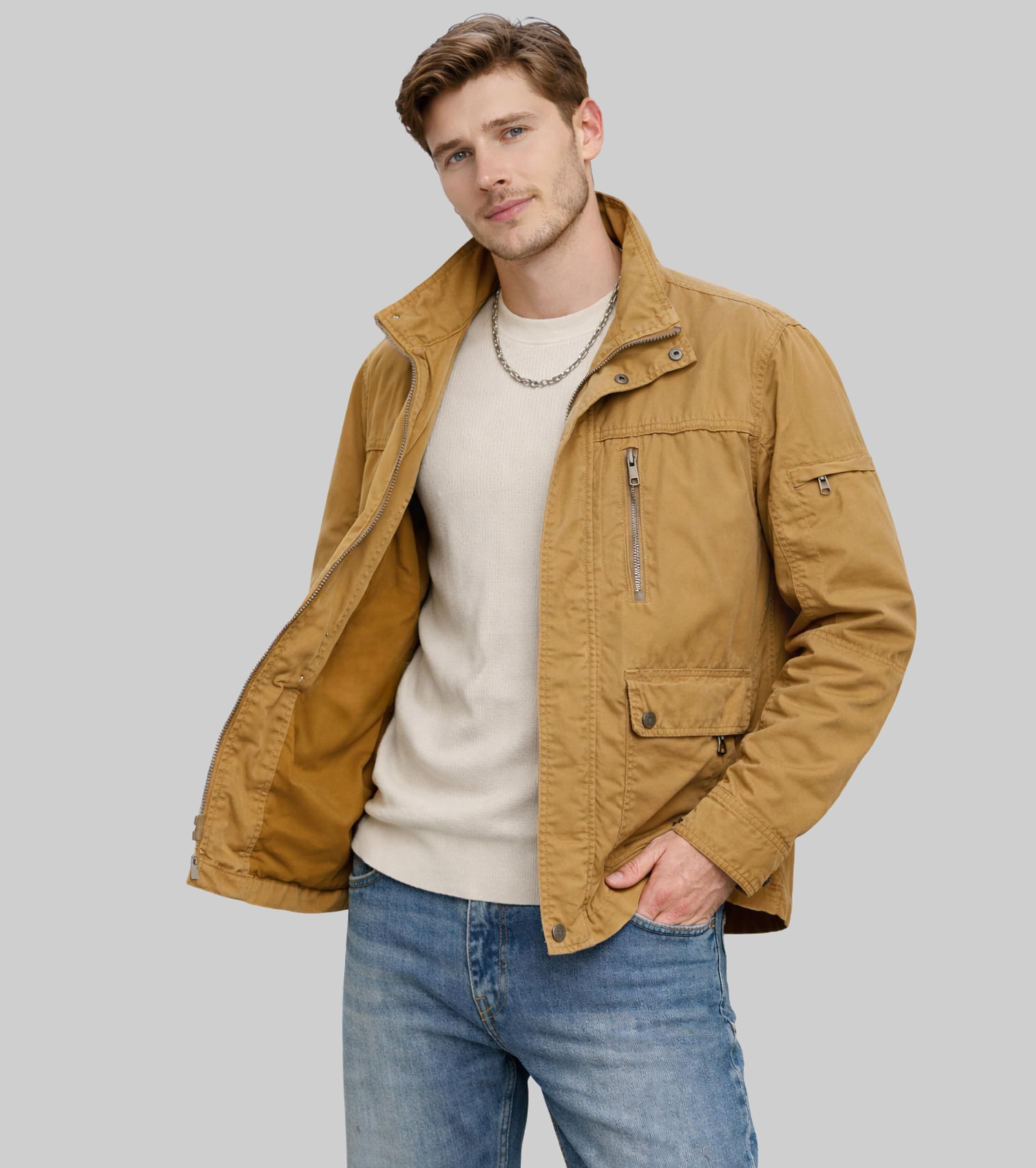 L'MONTE Men's Imported Winter-Ready Cotton Jacket - Stylish Design with Multiple Pockets, Stand Collar, and Relaxed Fit for Outdoor & Casual Wear (Earthy Yellow, M) 1