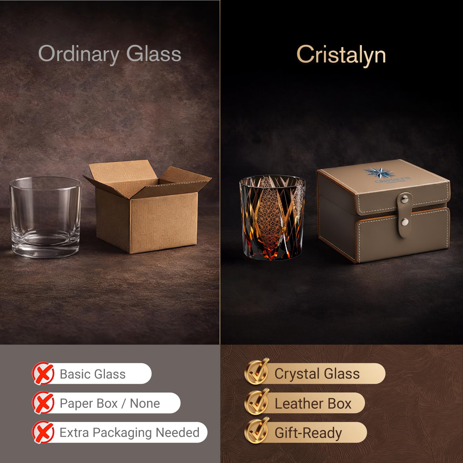 Bicchiere Whisky Giapponese Edo Kirico Kiku Tsunagi Cristallo - Degustazione Tumbler Regalo Uomo per Bourbon Scotch Cognac - Vetro Fatto a Mano Compleanno Idee Regalo - Cristalyn (Marrone, 250ml)
