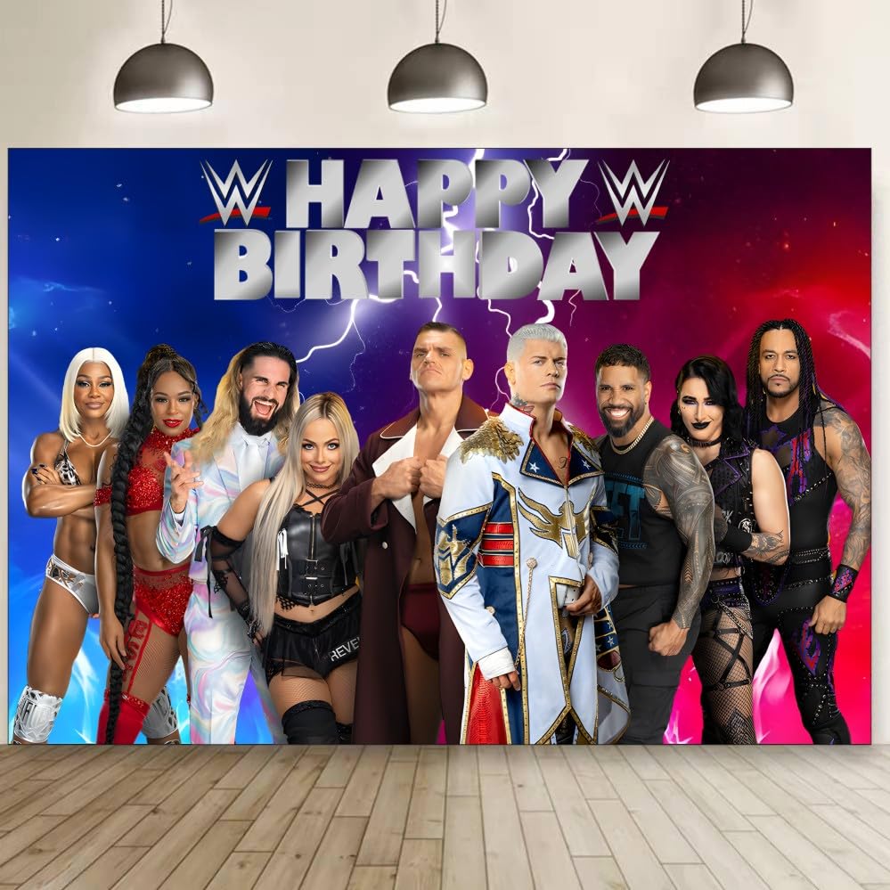 Wrestling Birthday Party Decorations, 5x3ft Happy Birthday Back Drop Banner Theme Backdrop Banner for Wrestling Party Decorations Indoor Outdoor.