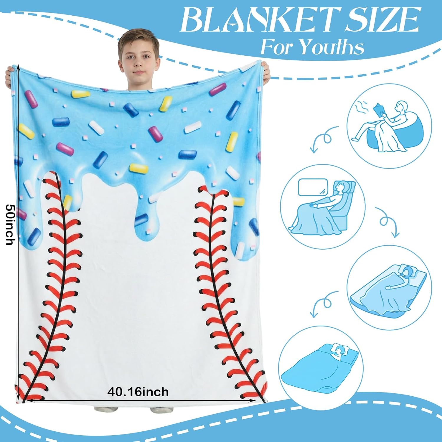 Baseball Room Decor, 50 x 40 Inch Ice Cream Drip Baseball Blankets Soft Flannel Throws Gifts Sports Blankets for Teen Boys Youth Team Season Rewards Birthday Party Favor(Blue) - Image 2