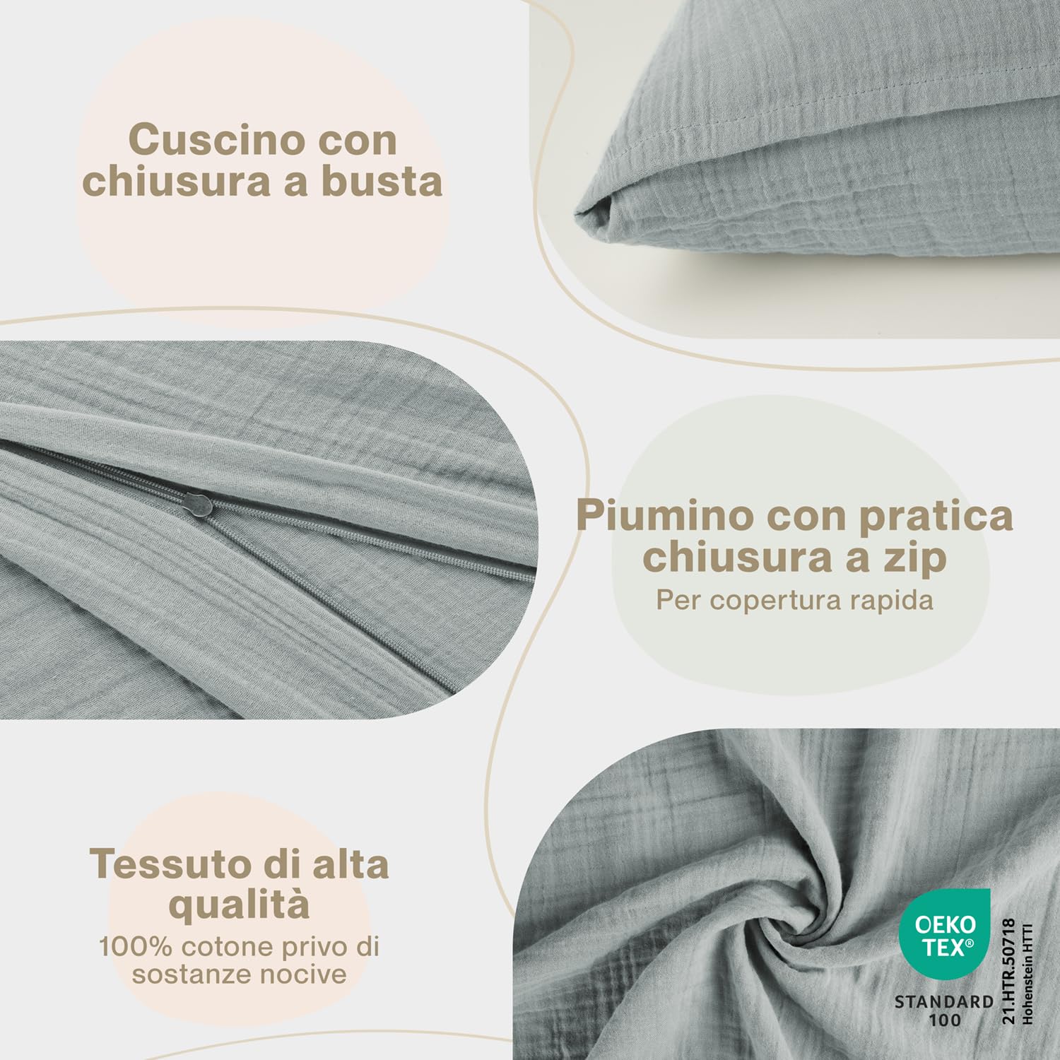 Set Biancheria Da Letto In Mussola Di Cotone Biologico – Copripiumino 100x135 Cm E Federa 40x60 Cm, Certificato Oeko-TEX, Colore Blu, Per Neonati E Bambini