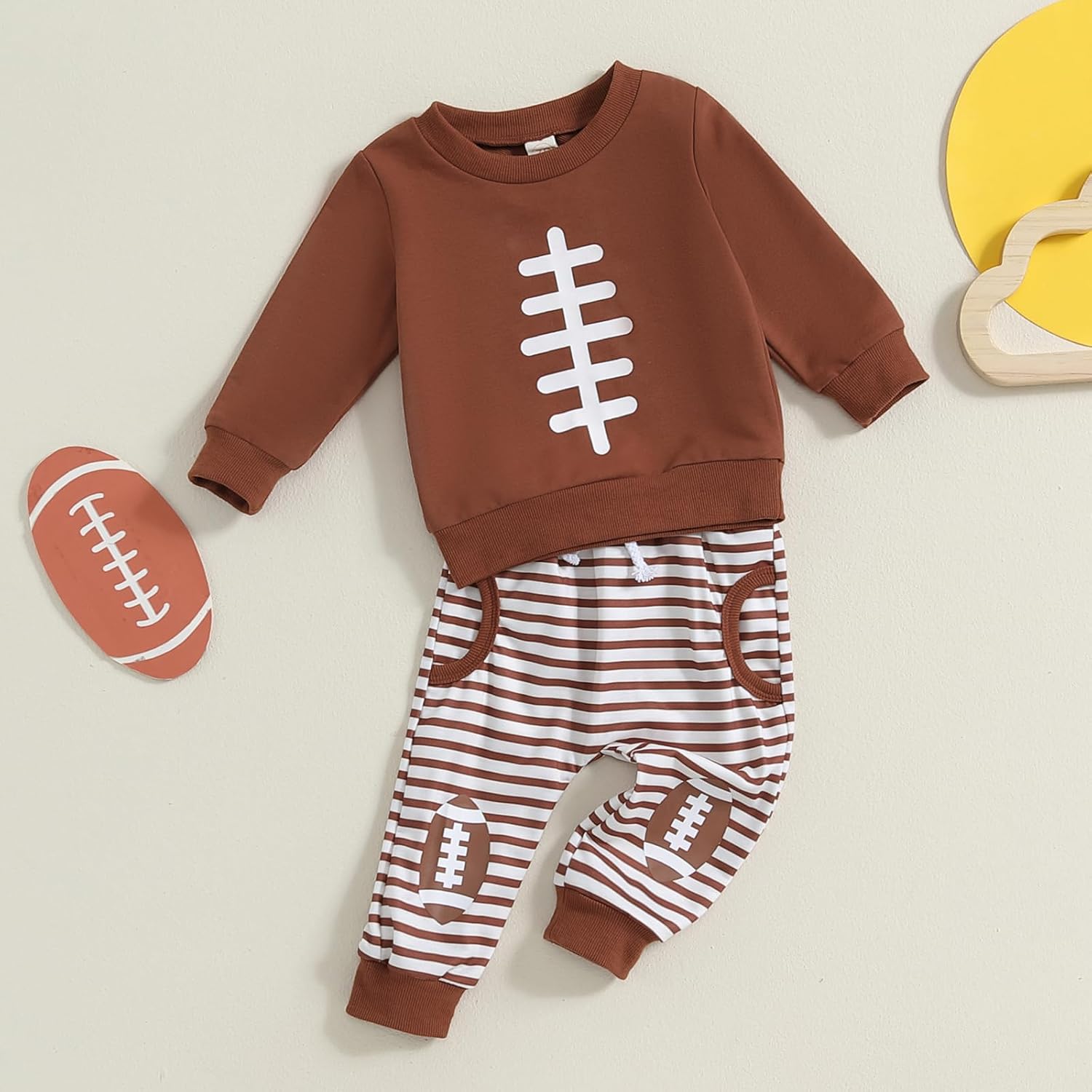 Baby Boy Girl Football Outfit Long Sleeve Crewneck Sweatshirt Pullover Tops and Elastic Pants Set 2PC Outfits - Image 2