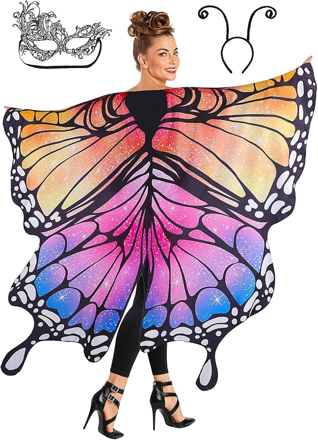Halloween Butterfly Wings Costume for Women 3PCS Butterfly Cape Set Lace Mask Velvet Headband Halloween Costume Orange One Size