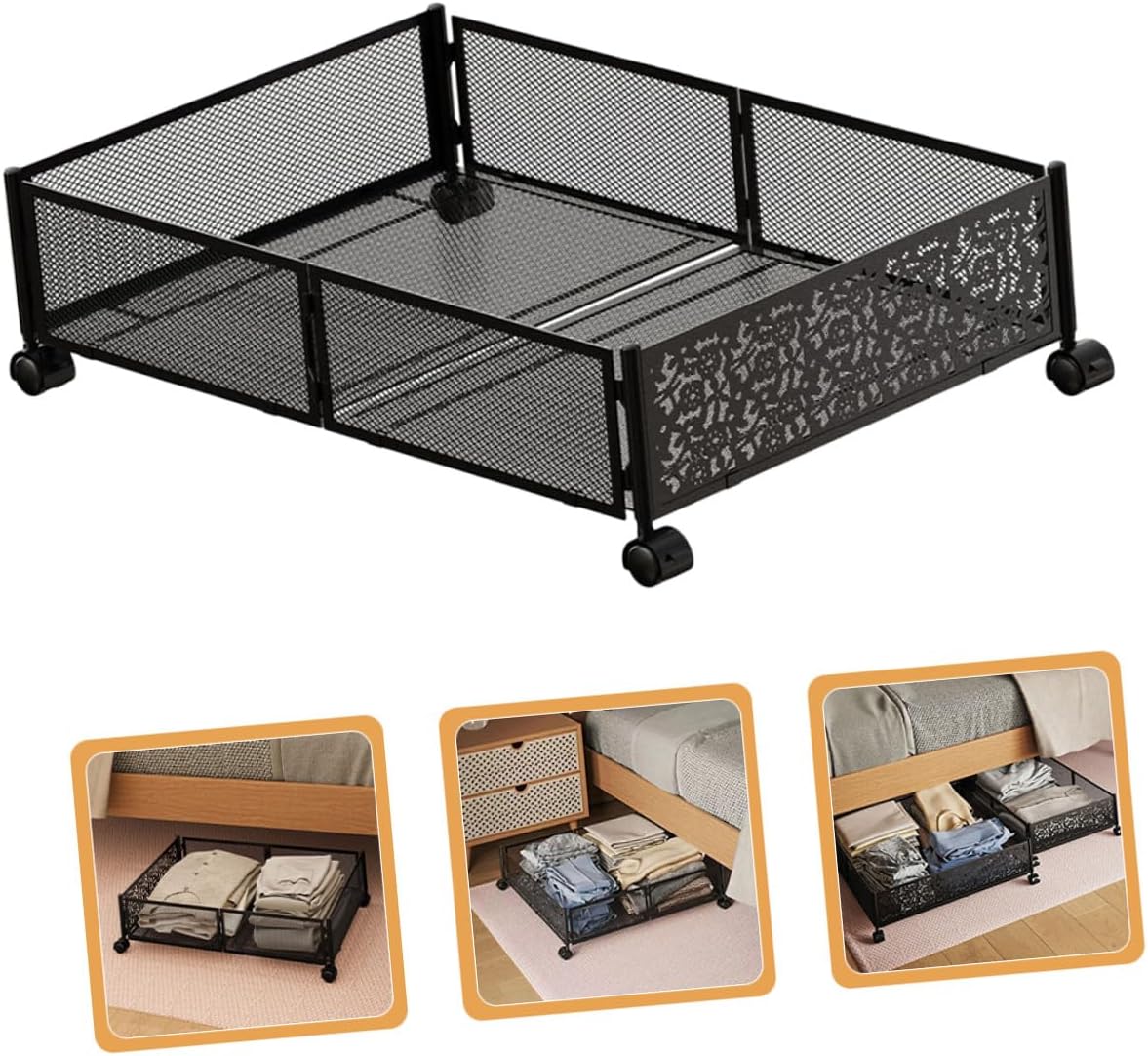 Bed Storage Drawers with Wheels, Foldable Steel Frame Organizer for Bedroom Clothes, Space Saving Underbed Storage Rack in Black