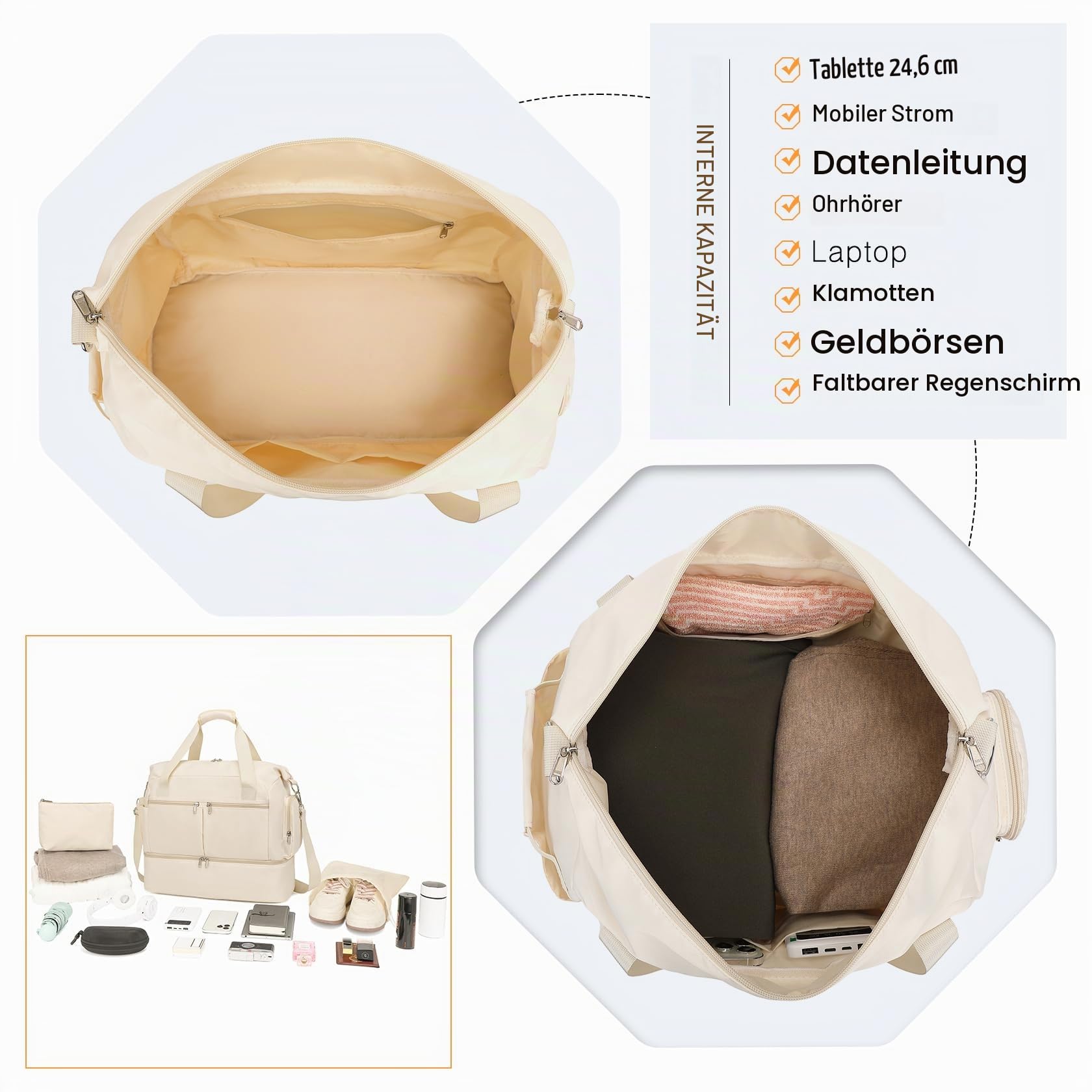 Kono Reisetasche, 32 l, wasserabweisend, Turnbeutel mit Schuhfach, Kosmetiktasche, Abnehmbarer Schultergurt, leicht, Reisetasche, Wochenendtasche mit Trolleyhülle