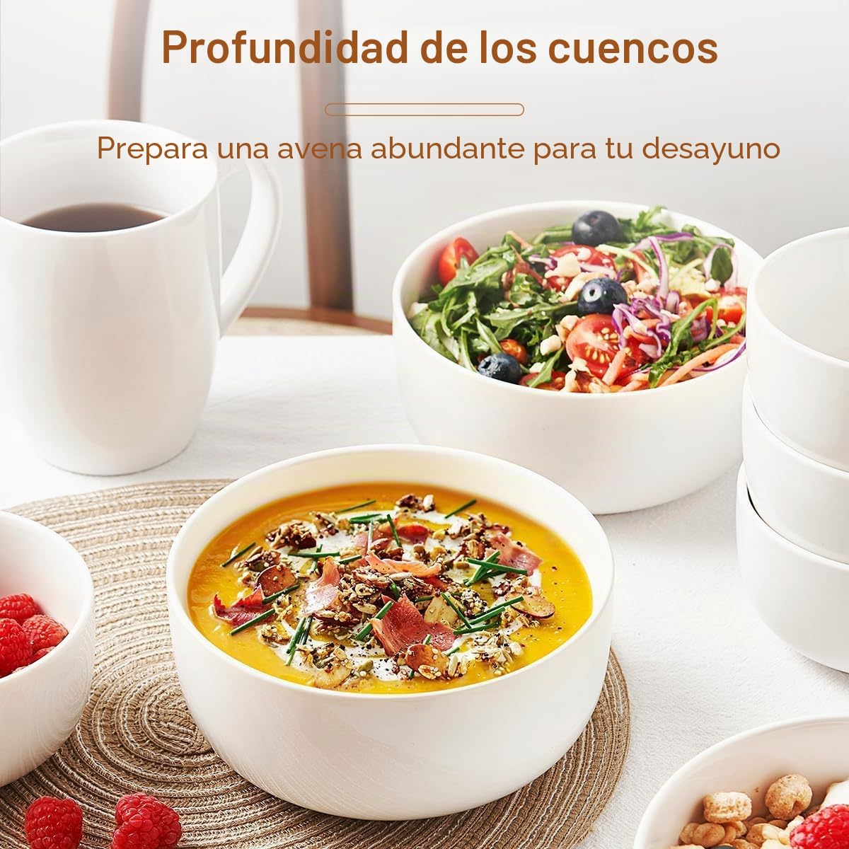 Jassceram Juego de 6 cuencos grandes de cerámica de 800 ml para sopa, avena, tazon cereales, ensalada, pasta, lavavajillas, microondas y horno, 6 pulgadas, color blanco