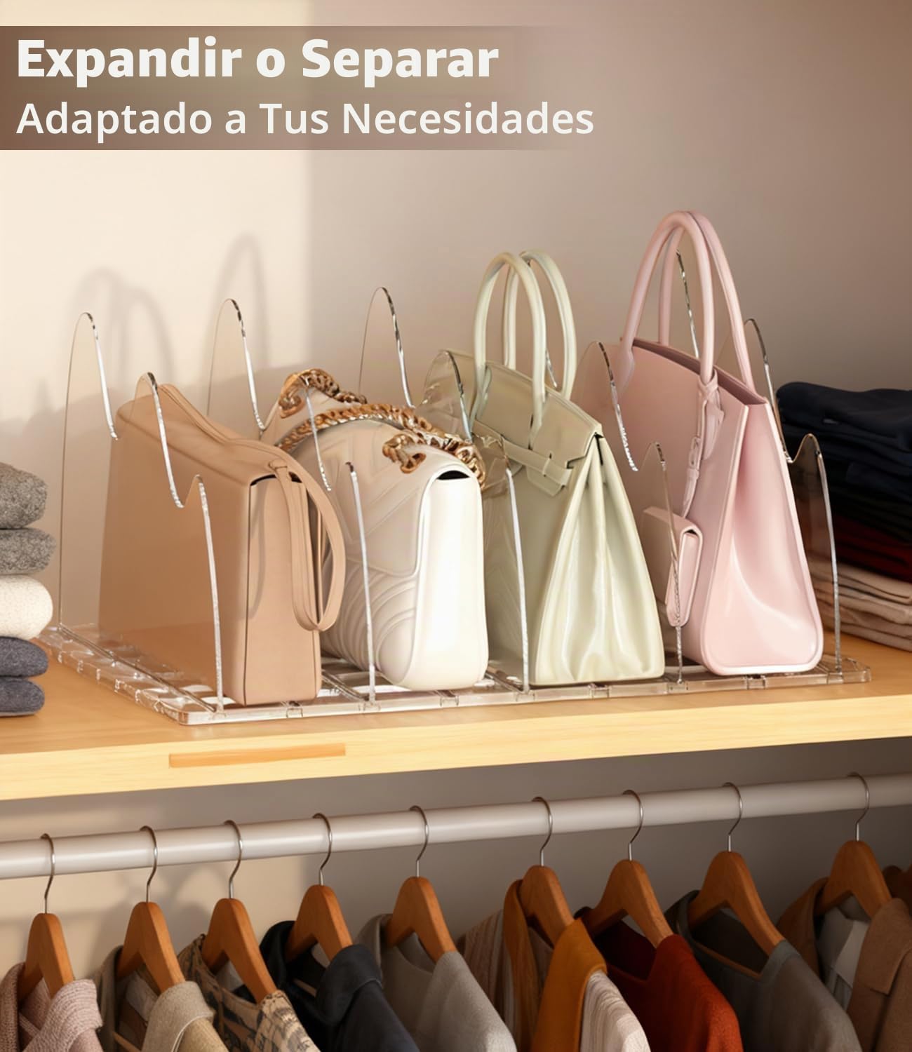 Set de 10 Separadores de Bolsos, Organizador de Armario Ajustable con Base Ranurada y Divisores, Ideal como Organizador de Armario y Bolsos de Mujer, También para Cocina, Baño y Escritorio