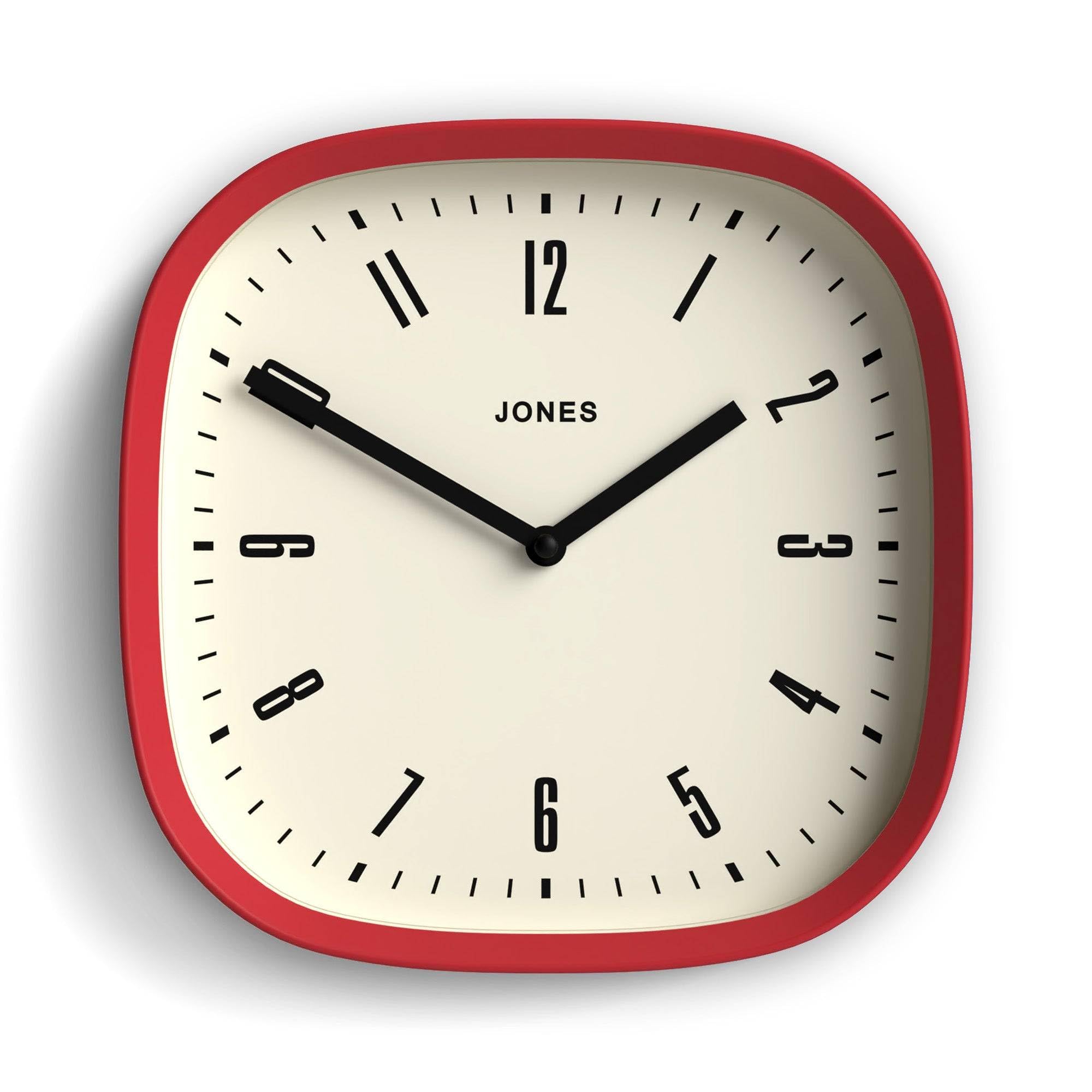 Jones Clocks Red Jones Clocks® Marvel Wall Clock | Modern Retro Rounded Square Clock | 25Cm | Cool Designer Look For Kitchen, Living Room Or Office