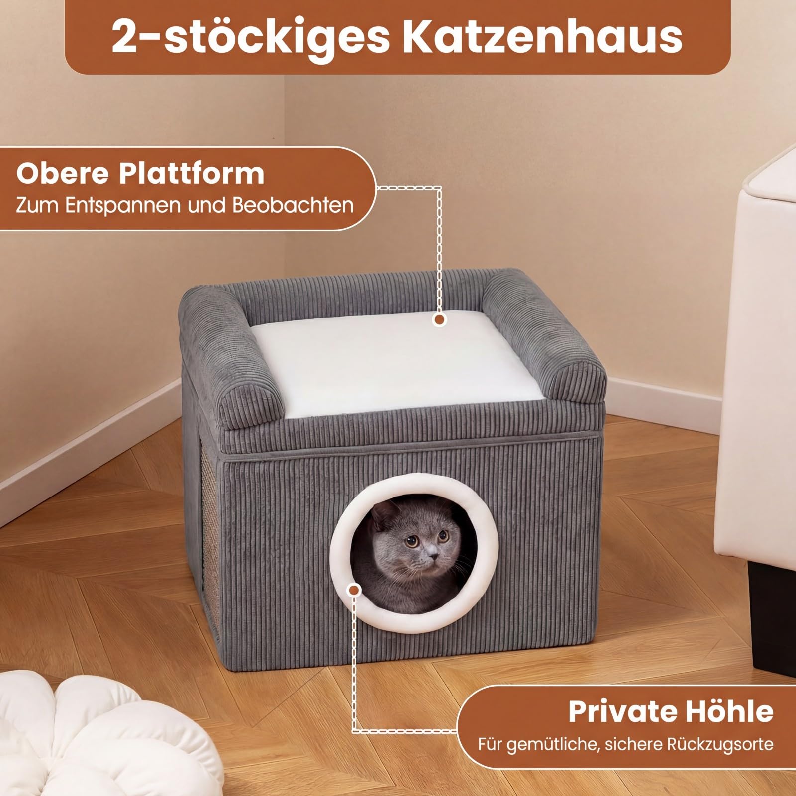 COSTWAY Katzenhaus faltbar, Katzenhöhle mit Sisal-Kratzmatte, weiches Kissen, erhöhten Kanten & Rutschfester Boden, Katzenbett für 2 Katzen, Indoor, bis 15 kg, Cordstoff, 49 x 41 x 39 cm (Grau)