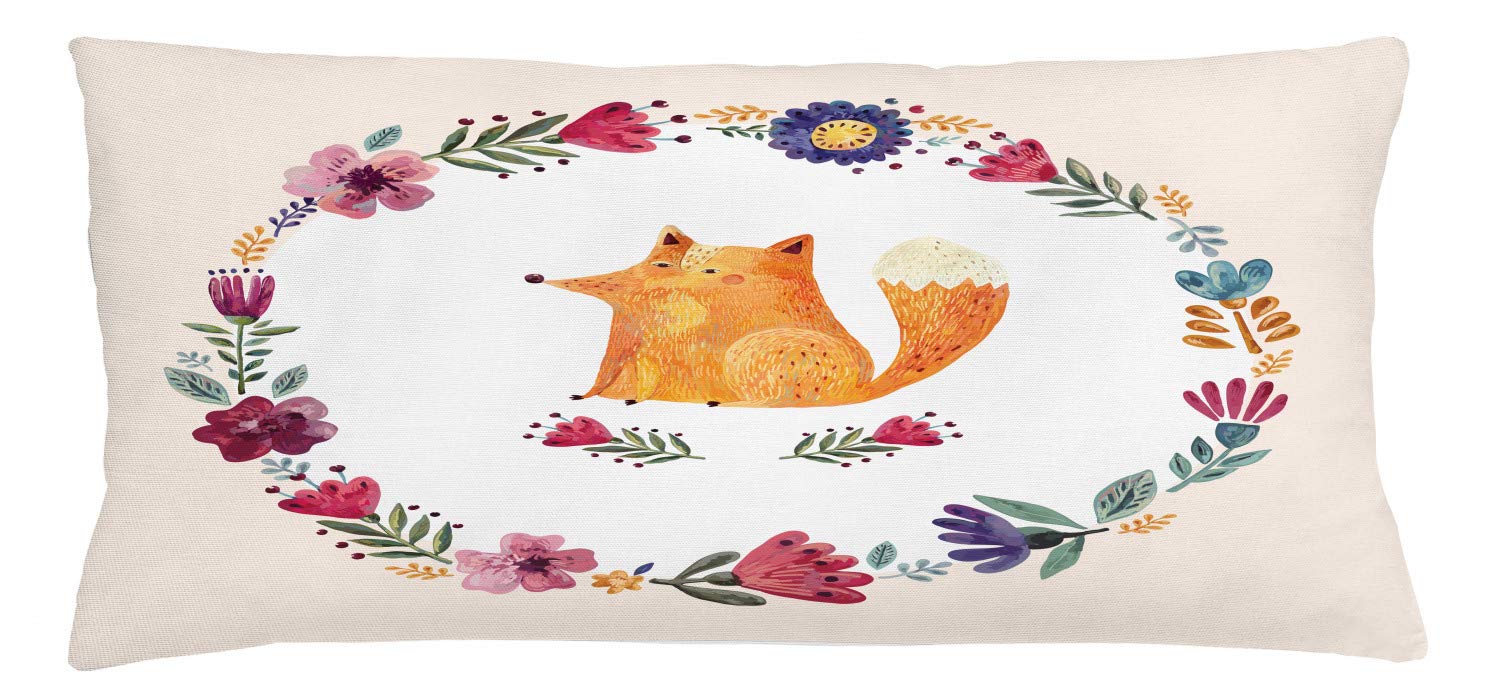 Lunarable Animal Throw Pillow Cushion Cover, Red Fox Inside Circular Floral Petals Wreath Girls Illustration, Decorative Square Accent Pillow Case, 36