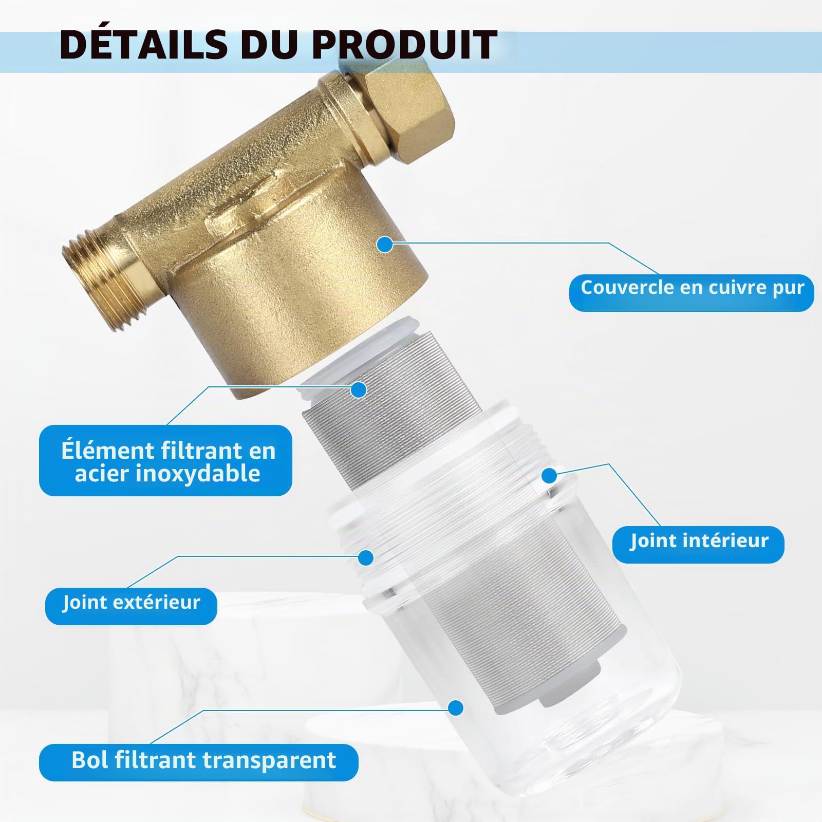 SWAWIS Filtre à eau 1/2" en Laiton Préfiltre 40 μm Filtre Efficacement les Impuretés de L'eau Pour Sorties D'eau Comme les Douches, Robinets, Machines à Laver, Filtres