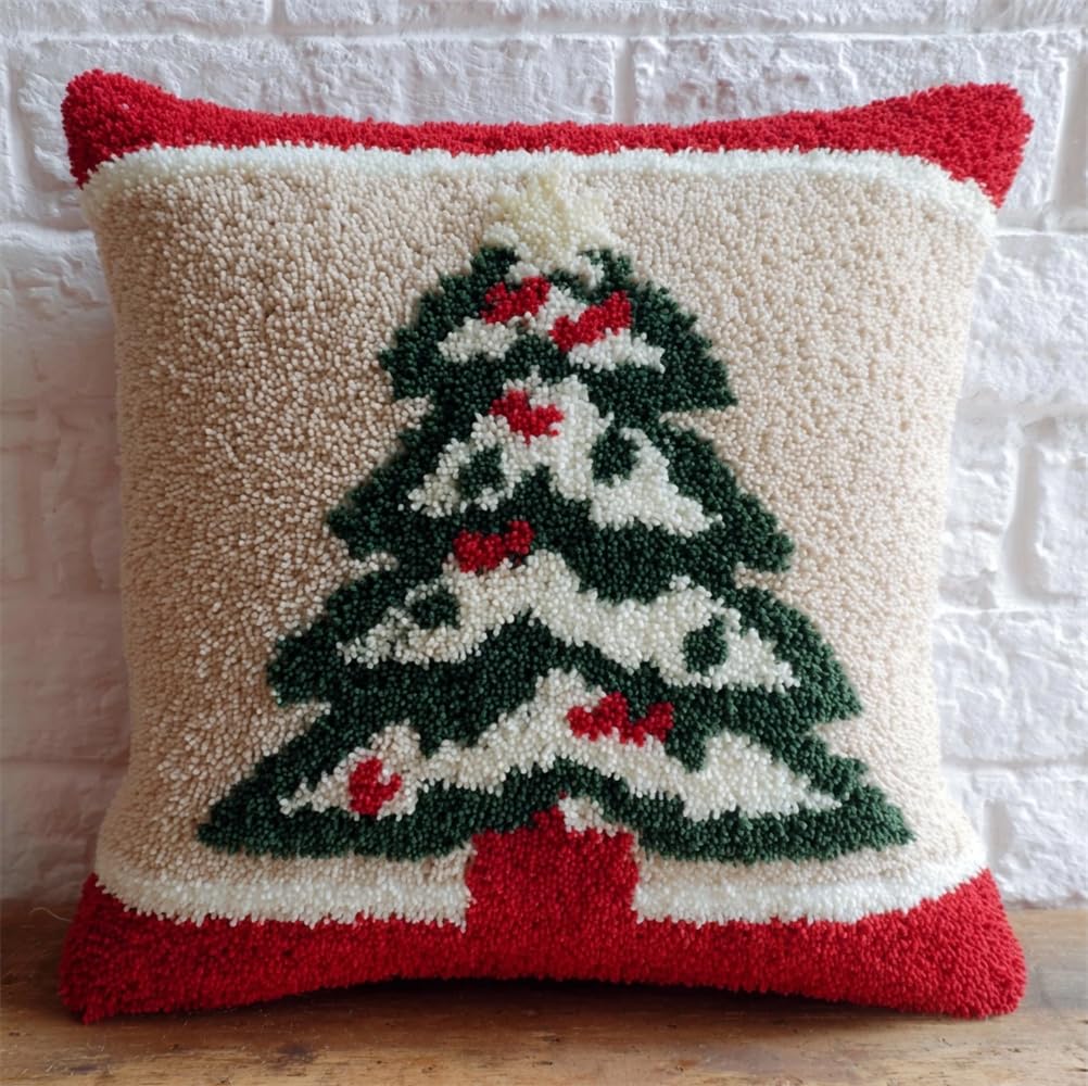 kitphoenix DIY Latch Hook Kits, Christmas Tree 3D Pillow Materials Package Latch Hook Embroidery Kits Cross Stitch Sofa Cushion Cover with Tool Fit for and Adults 17X17Inch