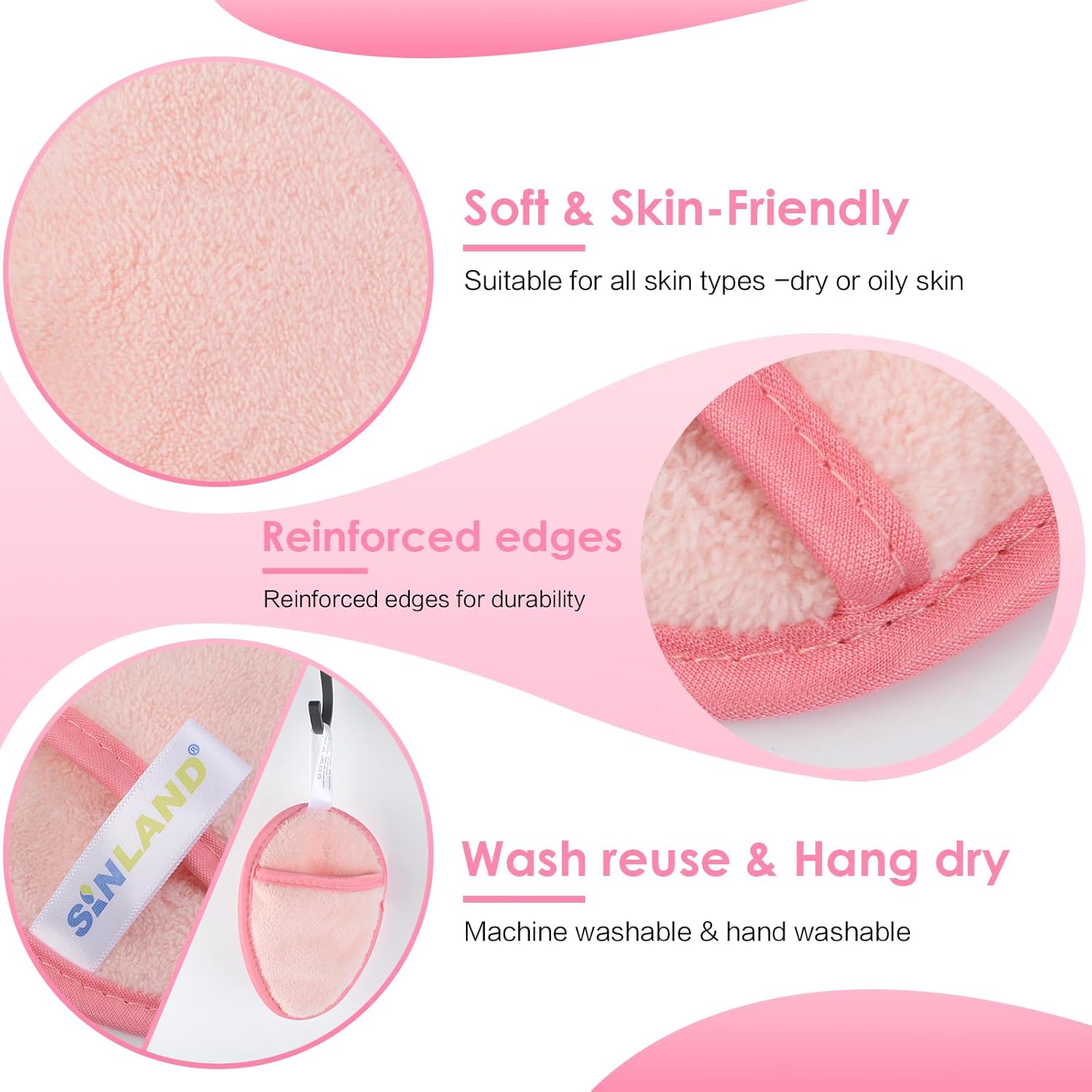 SINLAND Reusable Makeup Remover Pads For Face,Eye,Lips Microfiber Gentle Facial Cleansing Cloths for All Skin Types Friendly for Makeup Remover With Laundry Bag 5.1inchx3.93inch Pink Pack of 6 - Image 4
