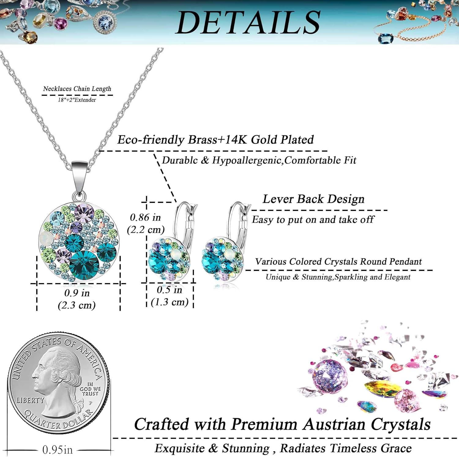 EVEVIC Austrian Crystals Round Disc Pendant Necklace Earrings for Women 14K Gold Plated Hypoallergenic Jewelry Sets - Image 4