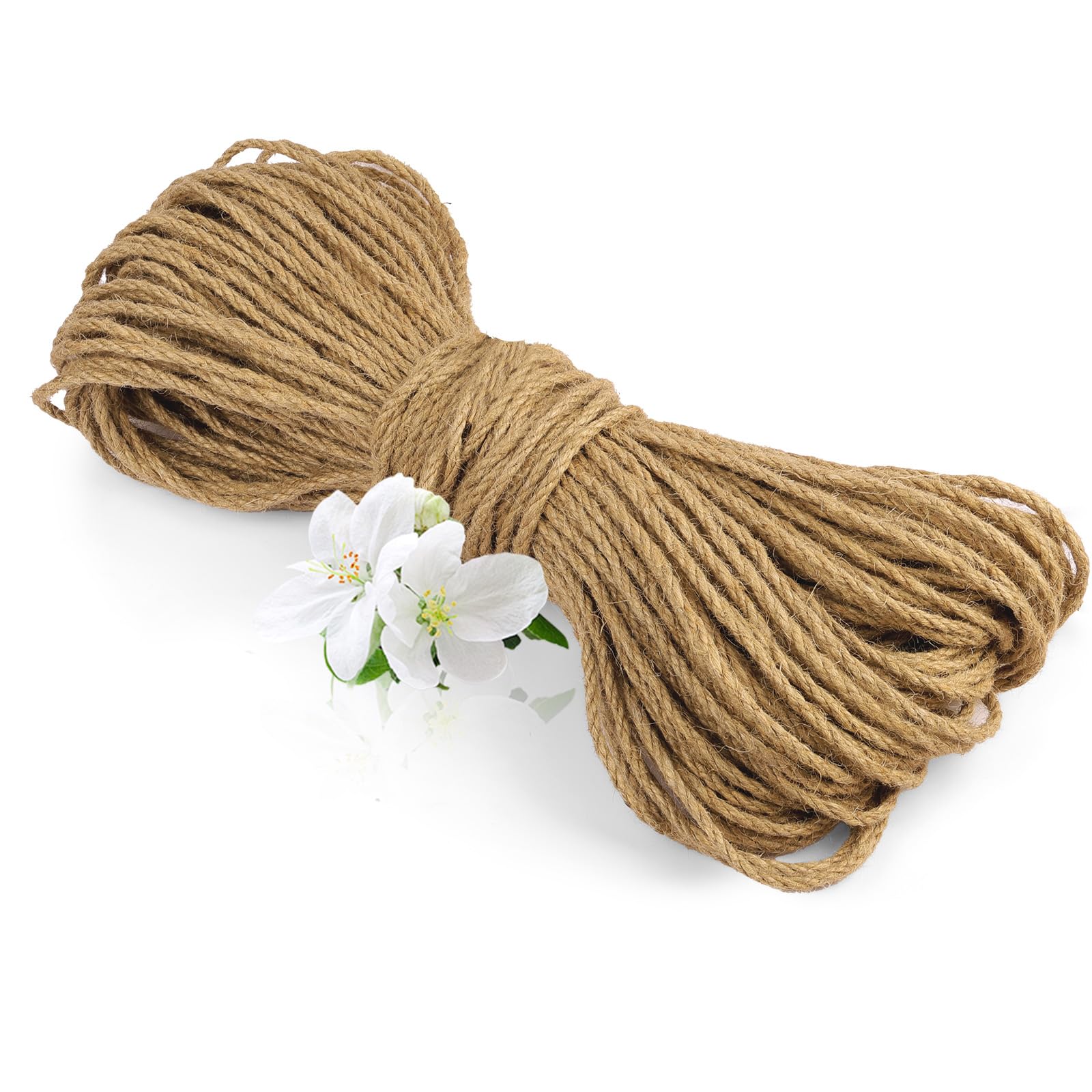 vsshe 50m Jute Rope, 4mm Thick Jute Twine String, Natural Braided Jute Garden Rope for Cat Scratching Post Ropes, Gardening, Camping, Decoration, Gift Wrapping and Craft Decoration (Brown)