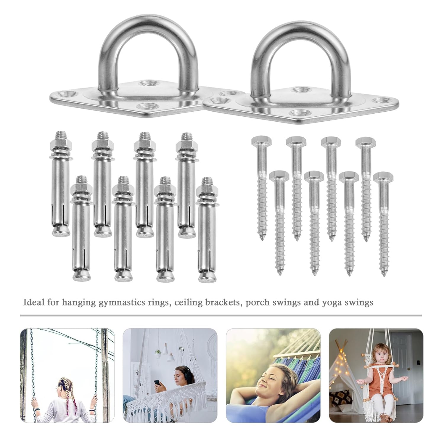 2 Sets 304 Stainless Steel M8 U-Shaped Suspension Ceiling Hooks with Diamond Anchor Plates, Heavy Duty Wall Mount Brackets for Outdoor Hammock, Sunshade and Sandbag Hanging