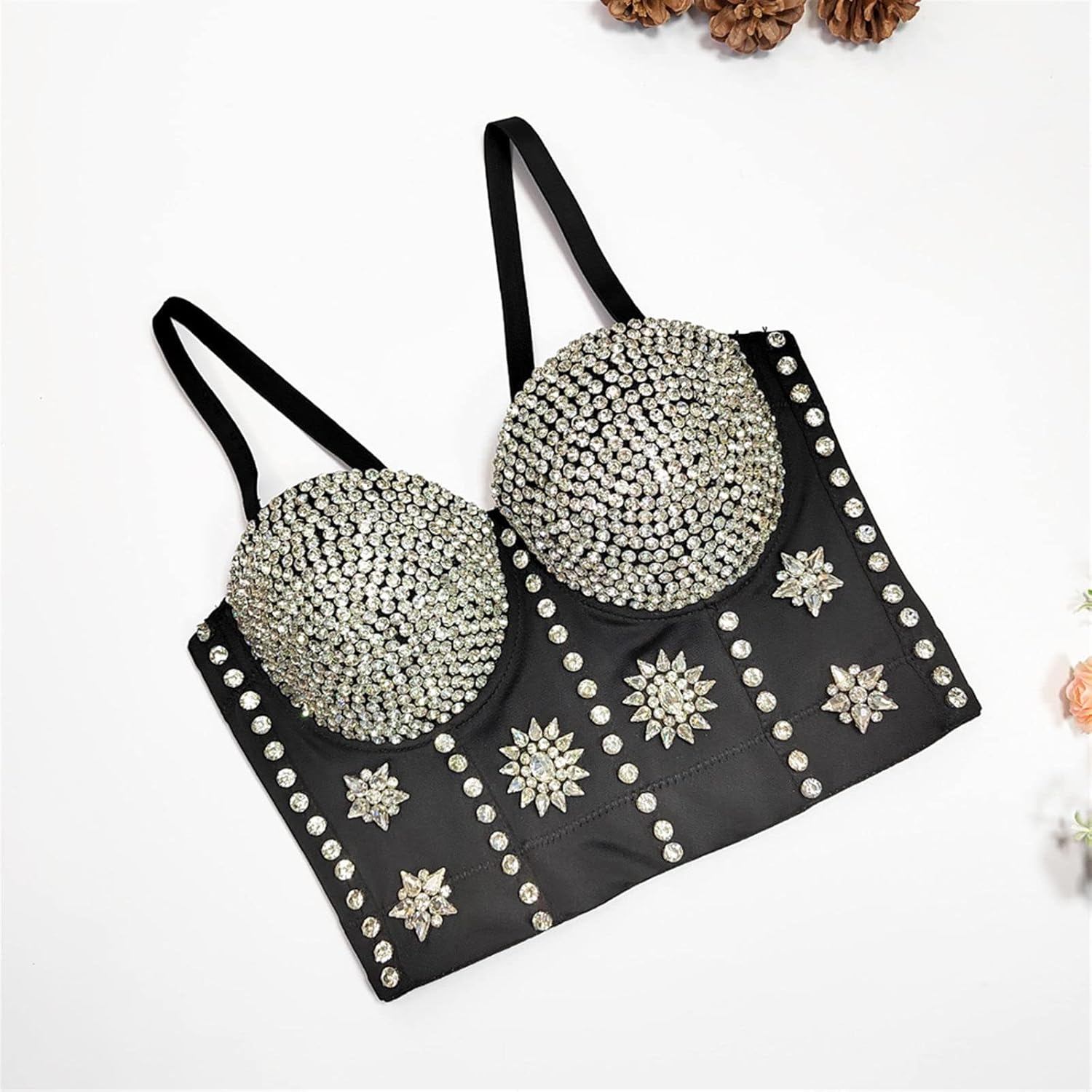Rhinestone Corset Tops Women Mesh Push Up Bustier Bra Sexy Backless Nightclub Camisole Party Tank Top Costumes (Color : Black, Size : M(36B))