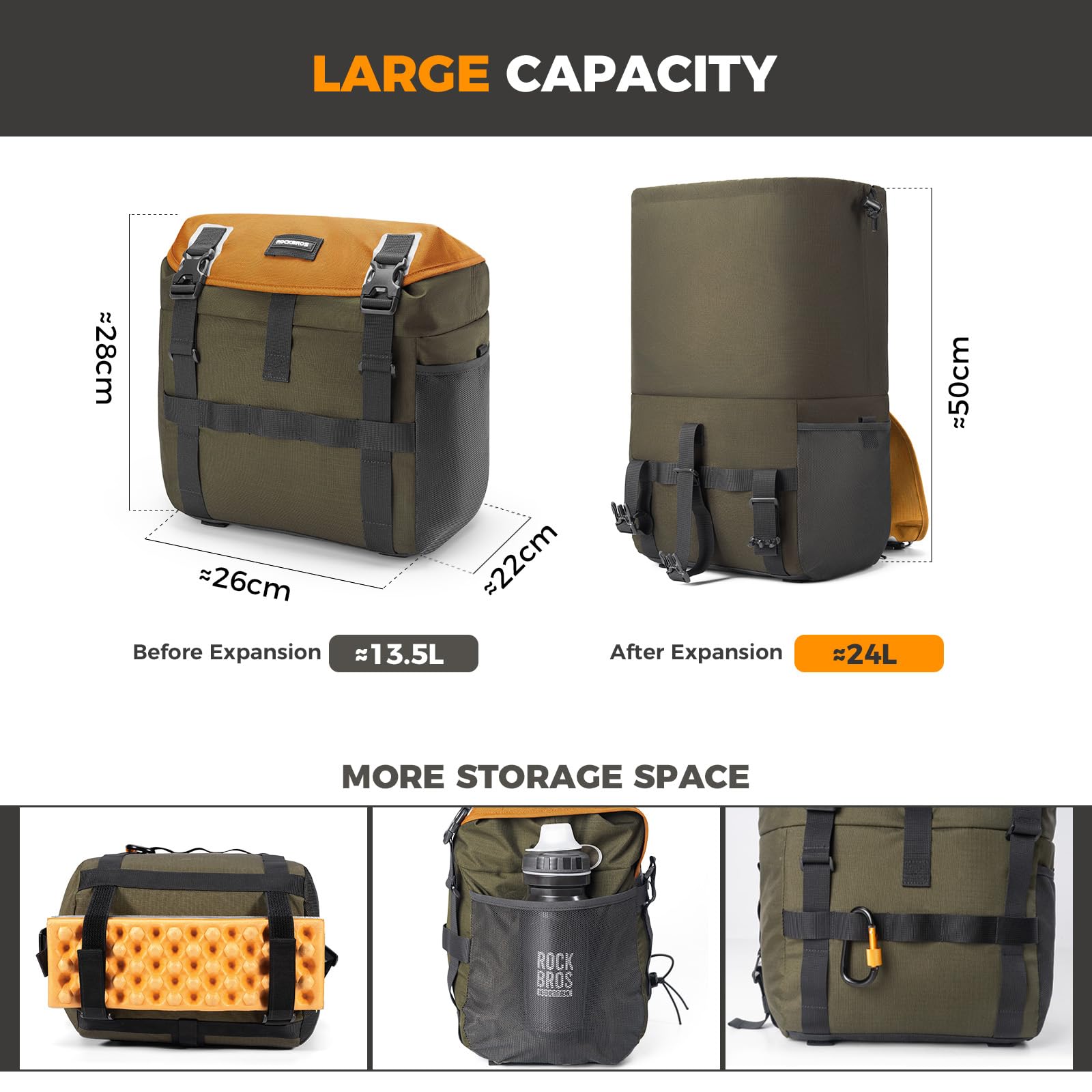 ROCKBROS Fahrradtasche Lenkertasche 13,5–24 L Erweiterbar– Bikepacking Tasche Vorne mit Schultergurt für E-Bike, Rennrad, Trekkingrad & Faltrad