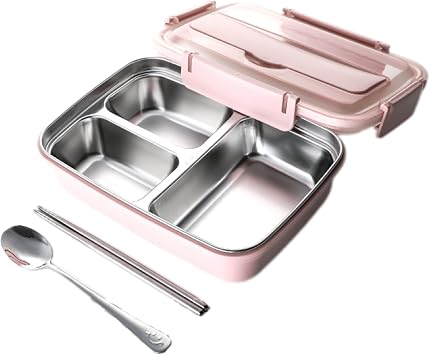 Lunch box bento box; 304 stainless steel dinner plate; heated lunch box portable fast food insulated compartmented lunch box pink, Three grids
