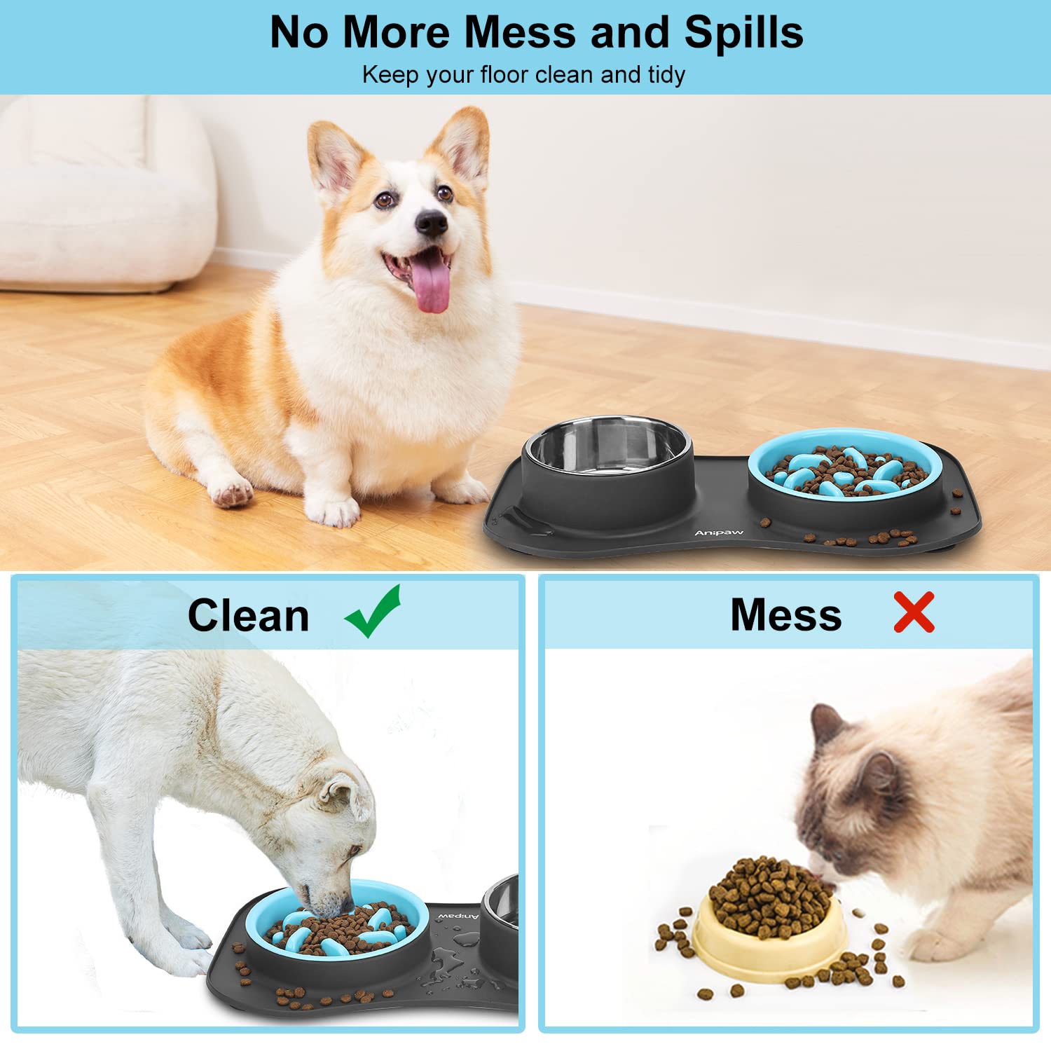 Slow Feeder Dog Bowls 3 in 1 Stainless Steel Food and Water Bowls with Non-Spill and Skid Silicone Mat to Slow Down Eating for Large Medium Small Breed Size Dogs and Cats
