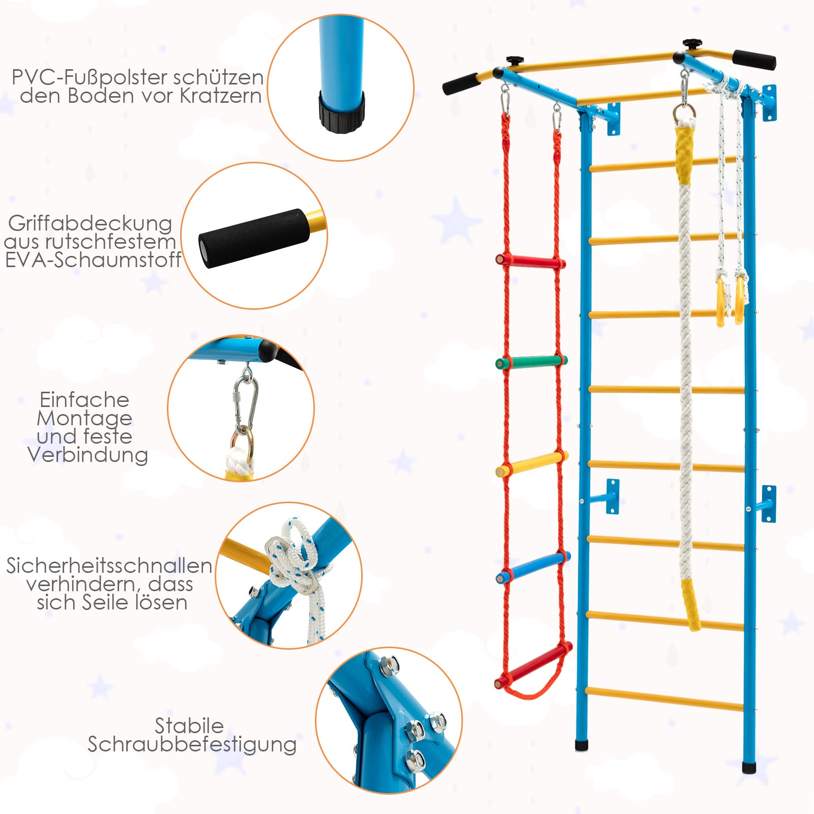 COSTWAY Ścianka wspinaczkowa dla dzieci, metalowa ścianka gimnastyczna, sprzęt gimnastyczny, rusztowanie wspinaczkowe, 107 x 83 x 223 cm, sprzęt sportowy dla dzieci i dorosłych do 100 kg (żółty i