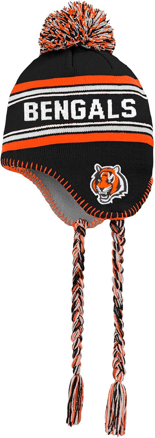 NFL Kids Youth 8-20 Team Color Primary Logo Jacquard Tassel Cold Weather Football Pom Beanie Knit Hat One Size